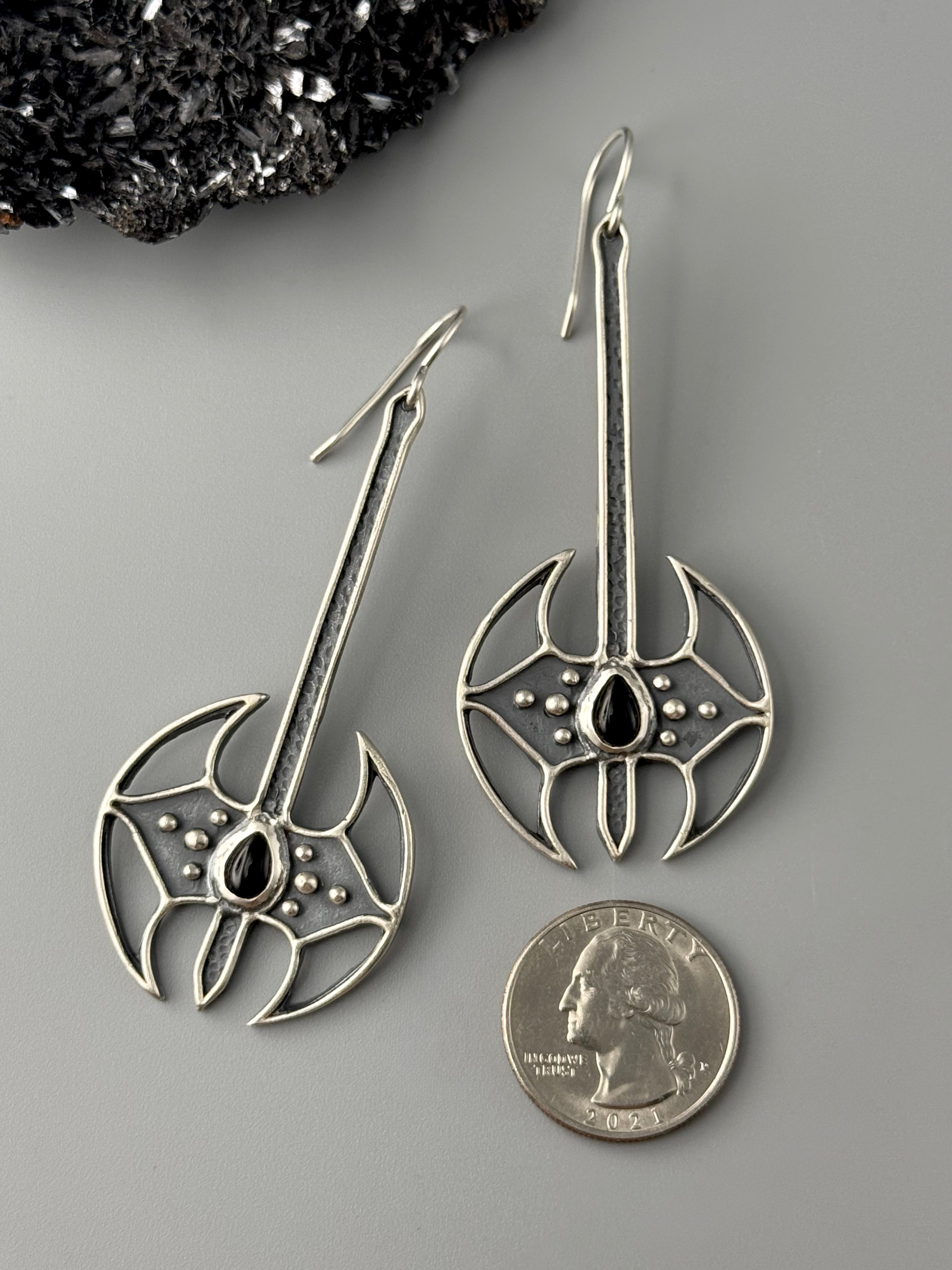 •BATTLE AXE• onyx + silver dangle earrings