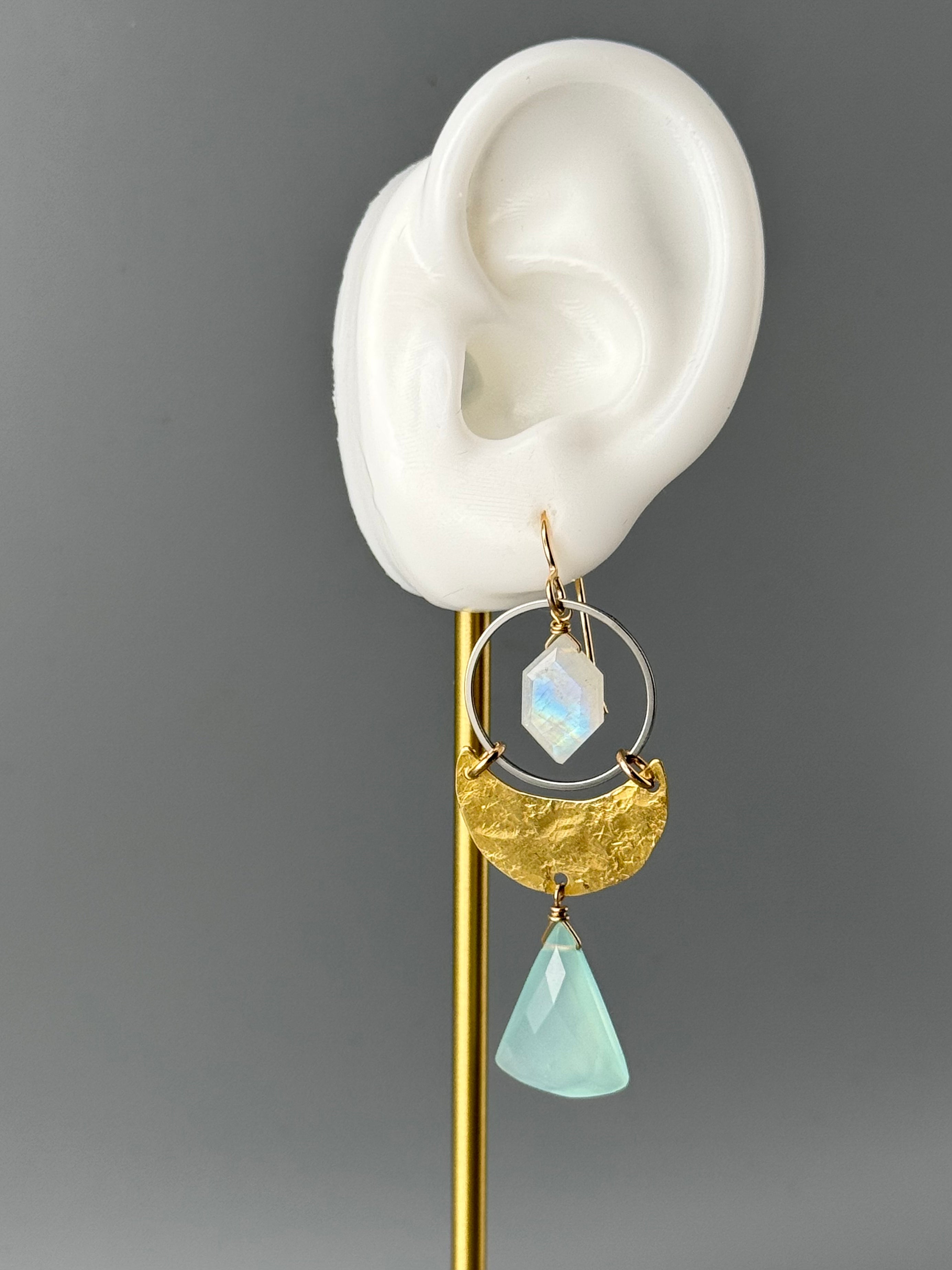 •MOON SHADOW• rainbow moonstone + aqua chalcedony mixed metal earrings