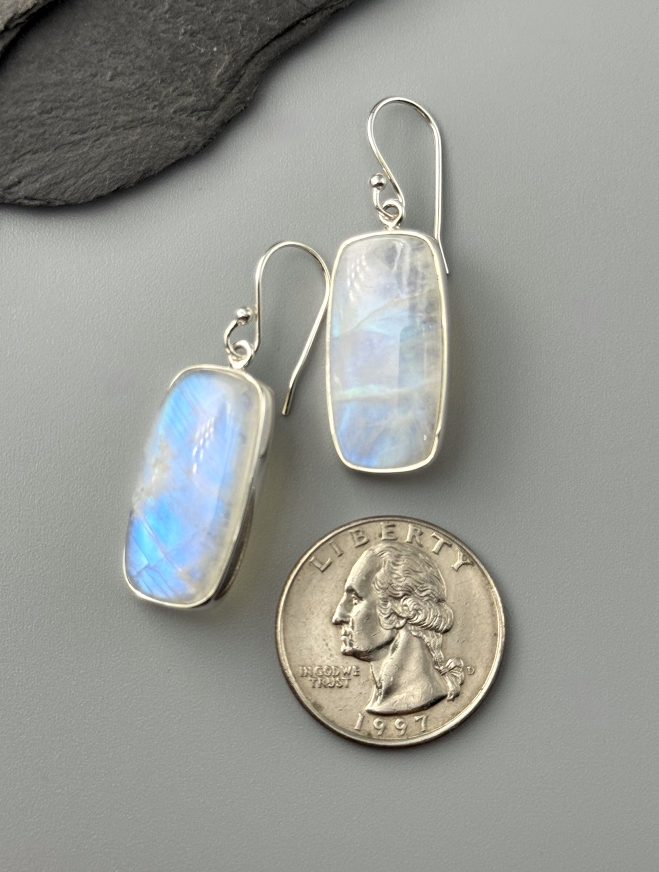 •RAINBOW MOONSTONE - SOFT RECTANGLE• silver dangle earrings
