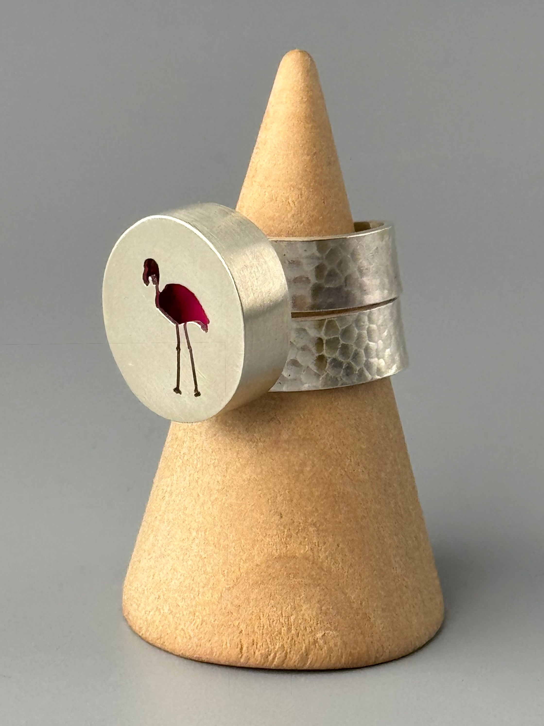•ROSA• silver + pink flamingo shadowbox adjustable ring