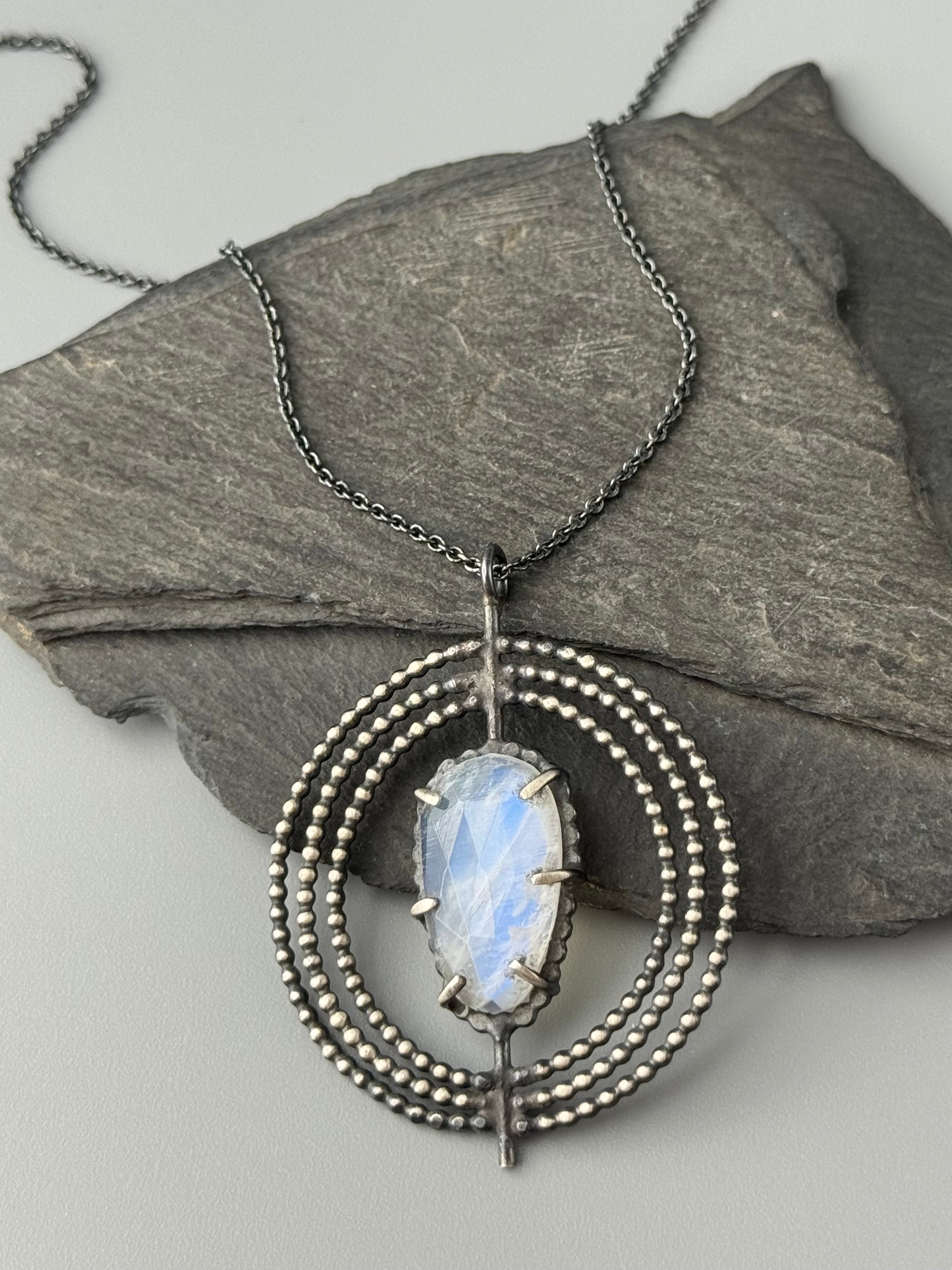 •INNER COMPASS• rainbow moonstone petal + silver necklace (18" long)