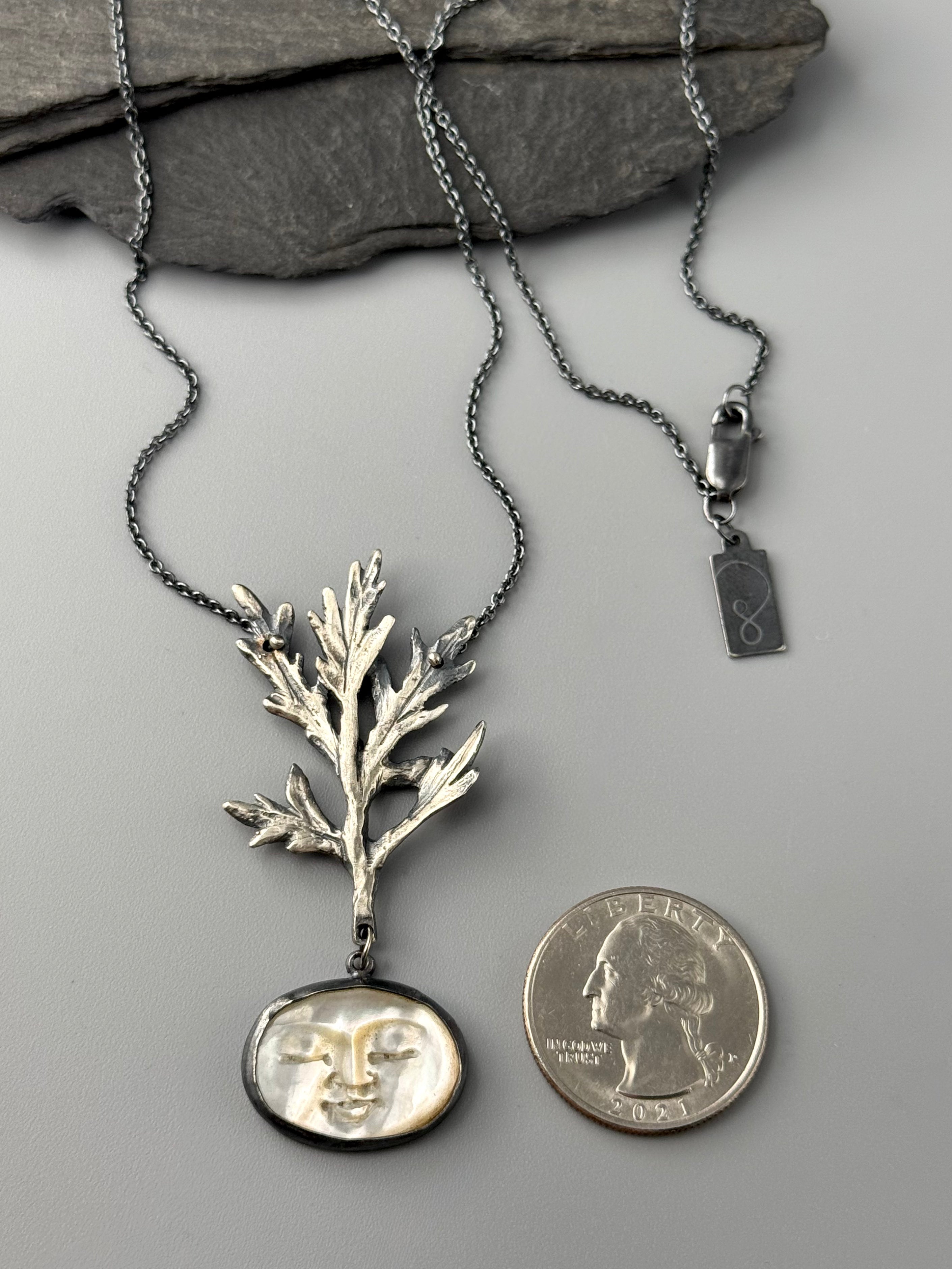 •LADY MUGWORT• carved mother of pearl + mugwort + silver necklace (various lengths)