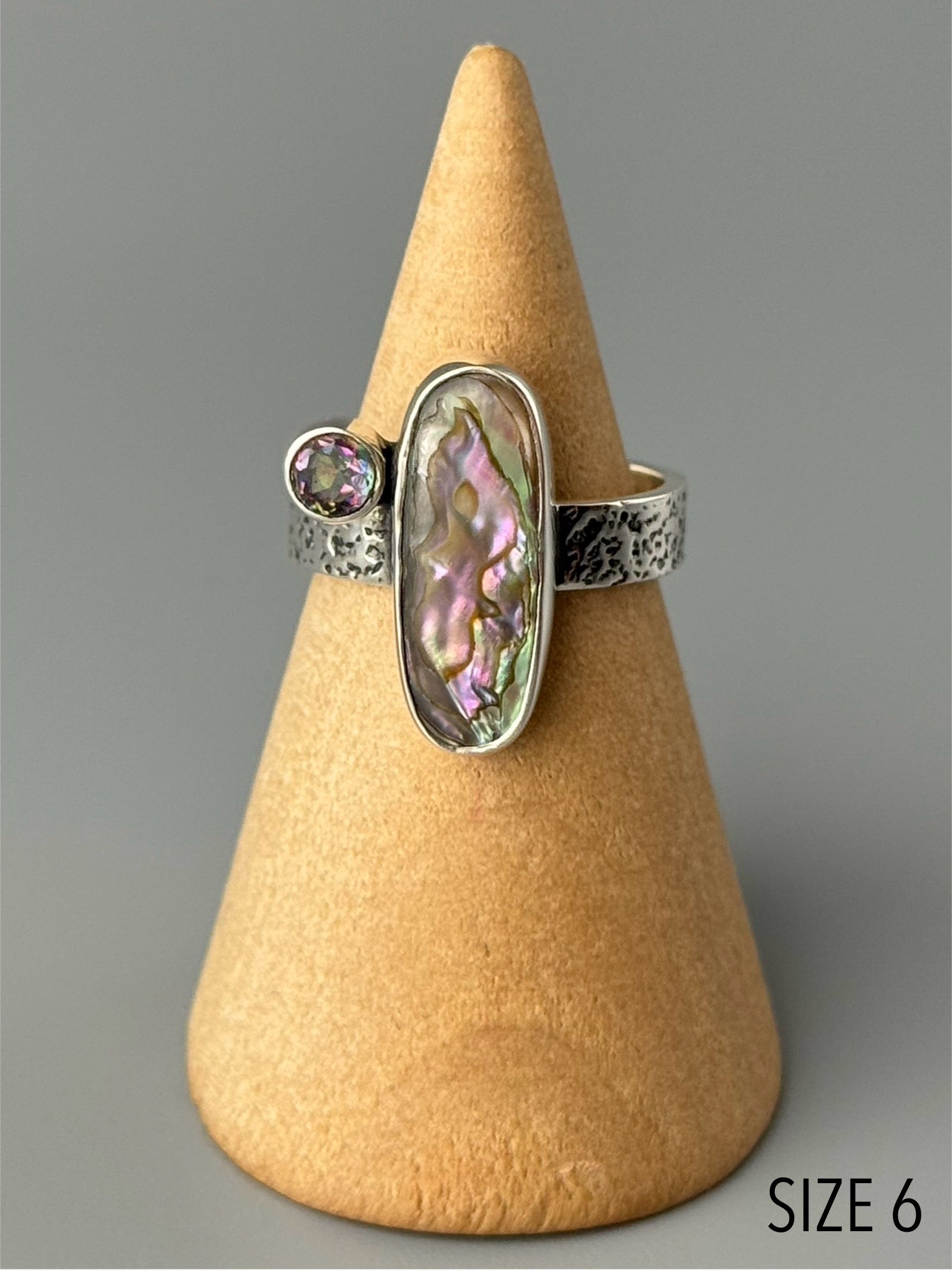 •ABALONE + MYSTIC QUARTZ - ORIGIN• textured band silver ring (various sizes)