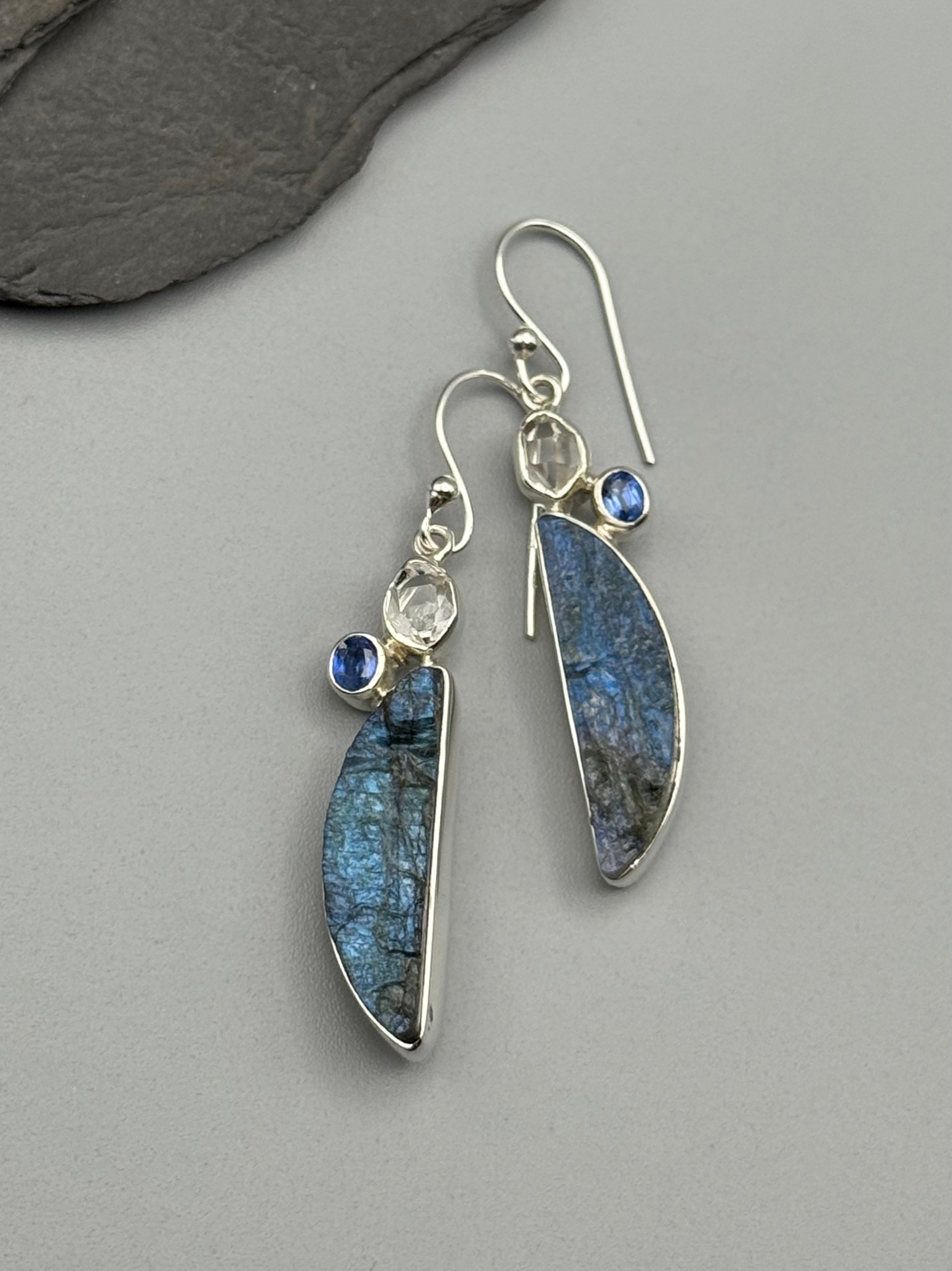 •LABRADORITE + KYANITE + HERKIMER• silver dangle earrings