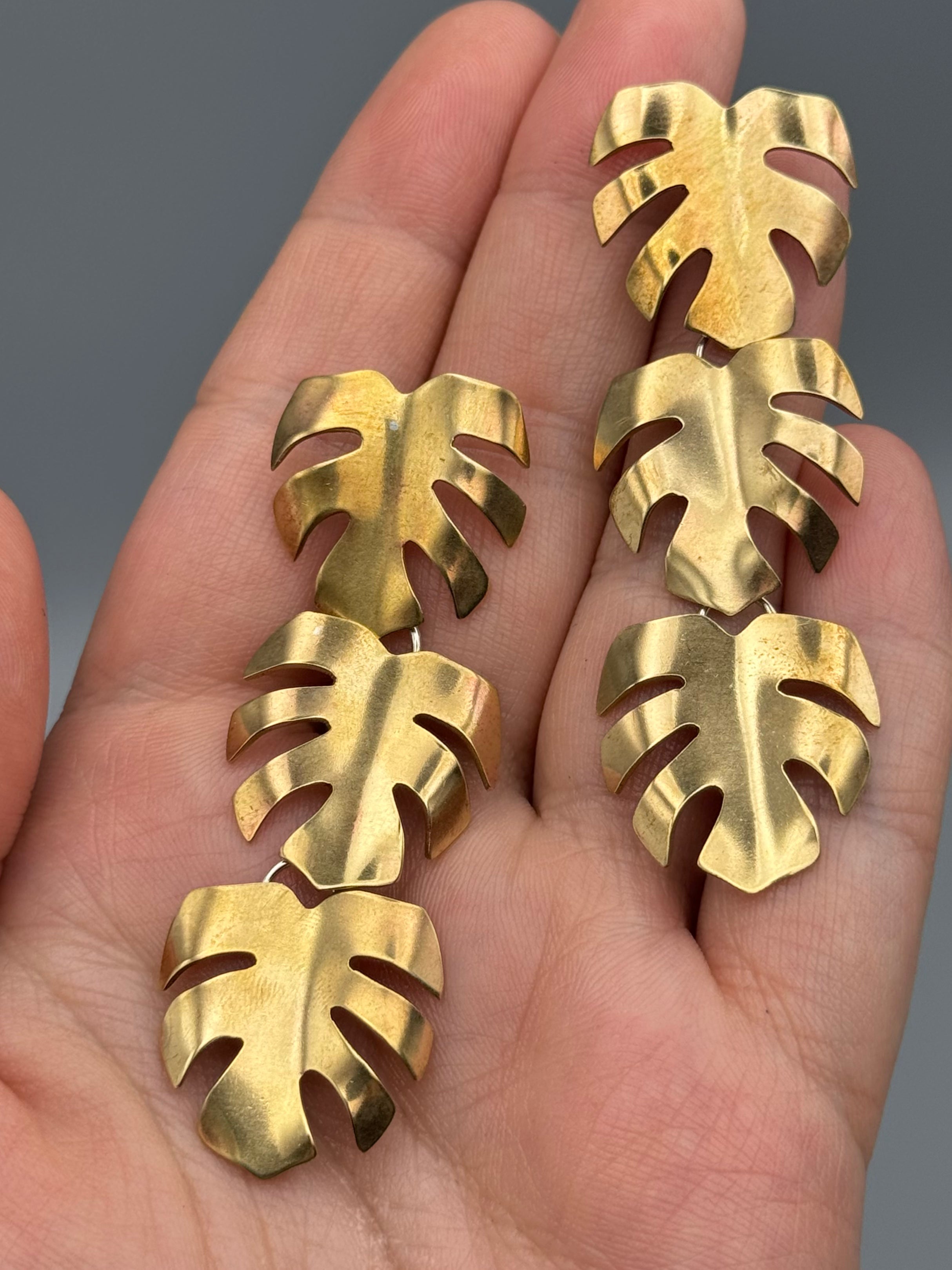 •MONSTERA TRIO• brass + silver post dangle earrings