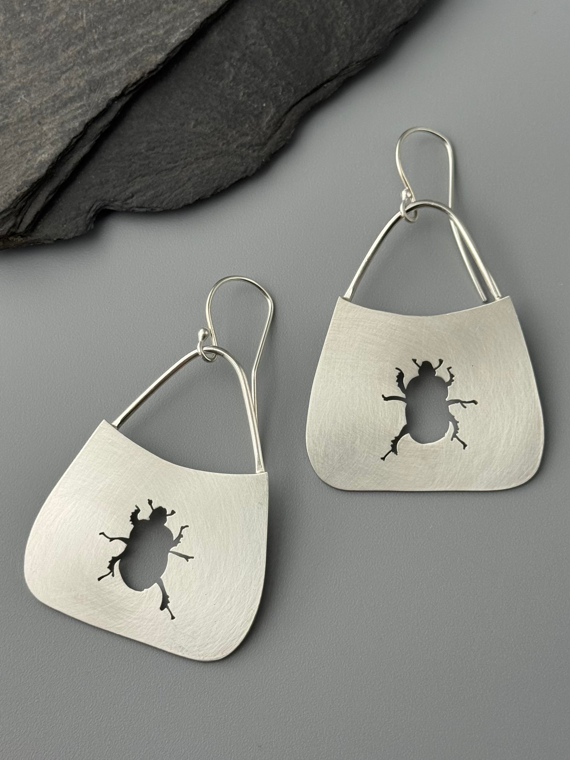 •SCARAB• beetle silhouette + silver dangle earrings