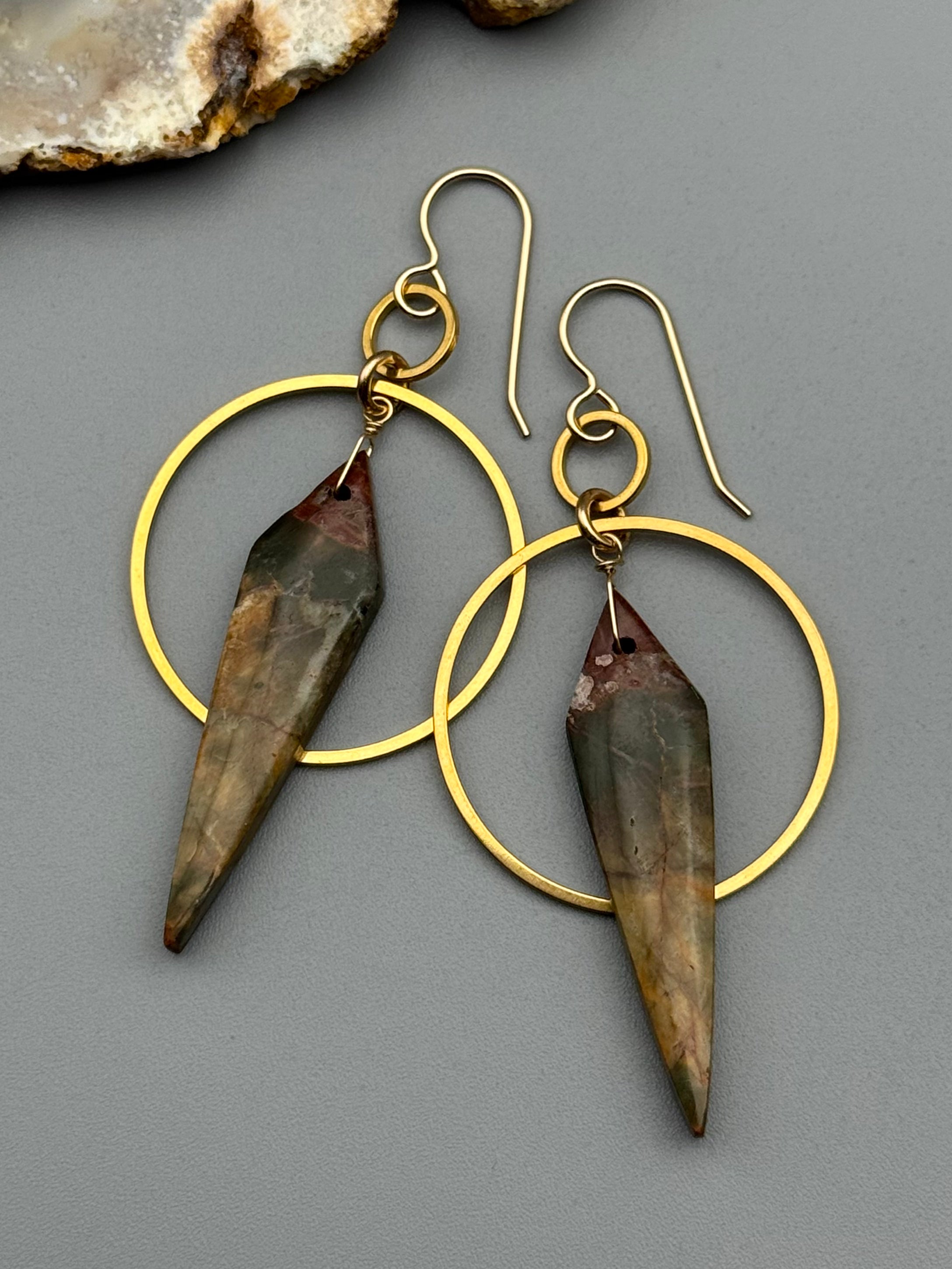 •EQUA-ORBIT• red creek jasper wide spear + gold earrings