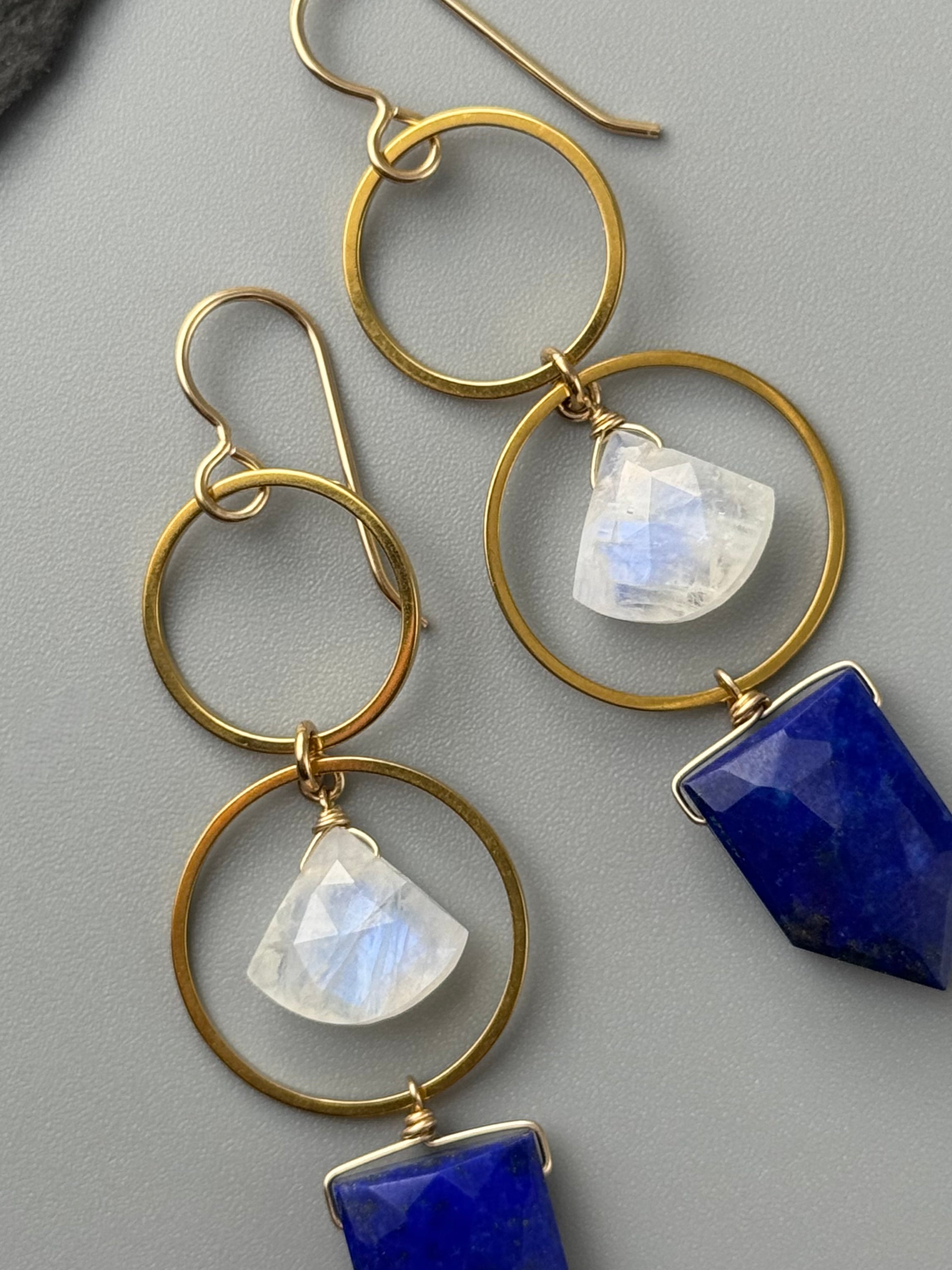 •EQUA-LUNA• rainbow moonstone + lapis lazuli gold earrings