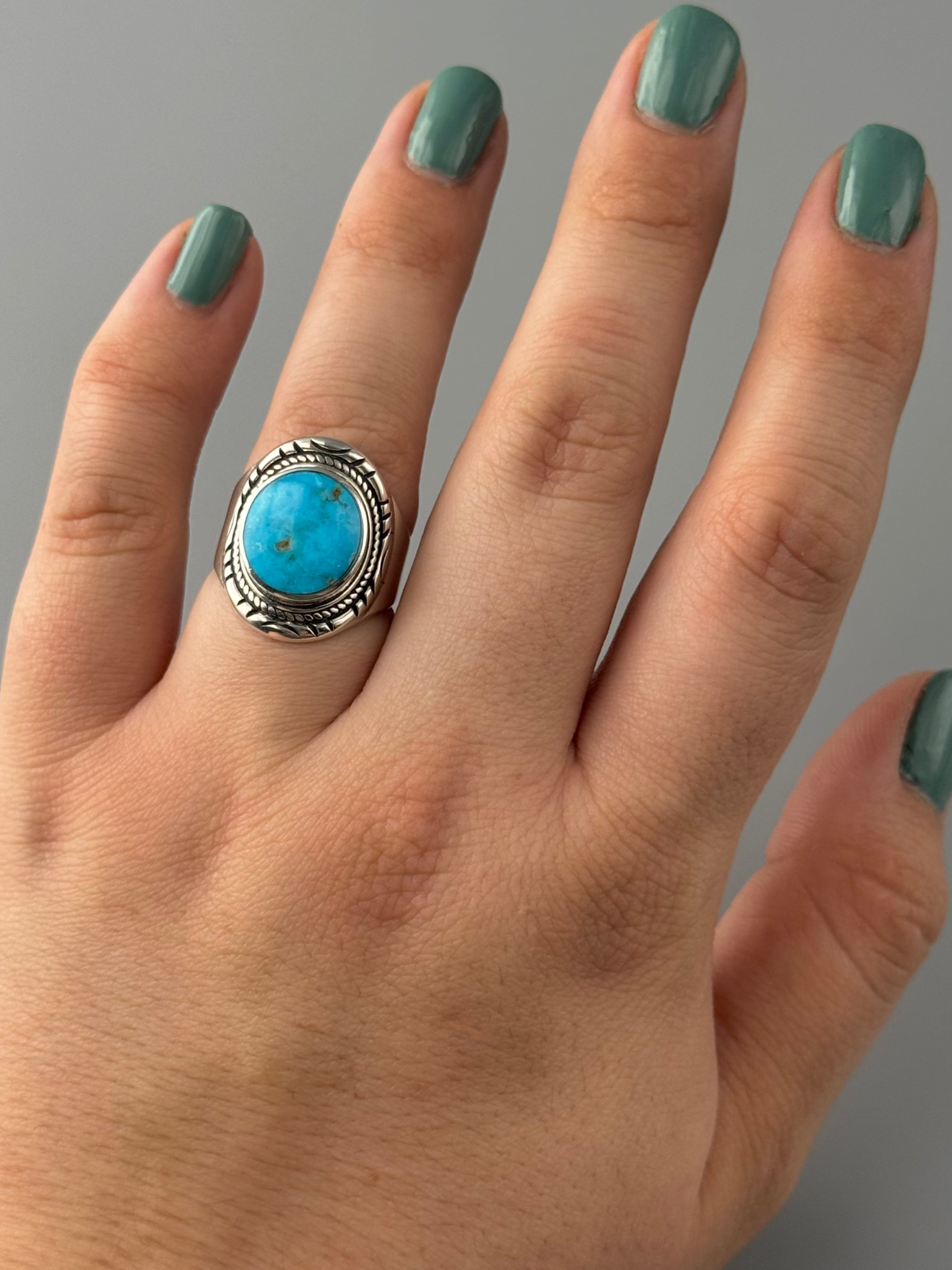 •BLUE RIDGE NEVADA TURQUOISE - AZHÍ• Navajo silver ring (size 6.5)