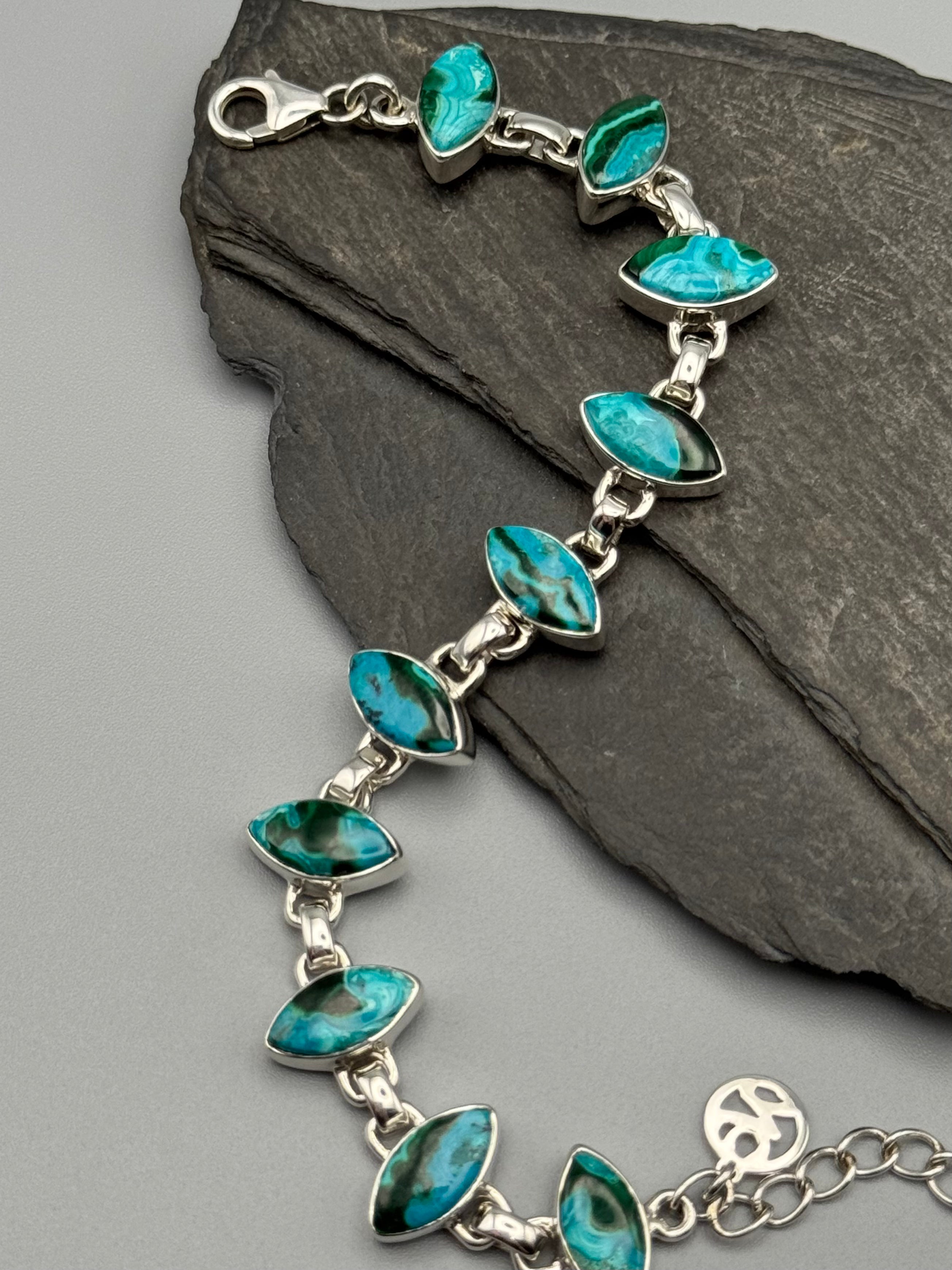 •MALACHITE CHRYSOCOLLA - MARQUISE• linked silver bracelet (6.5" - 7.75")