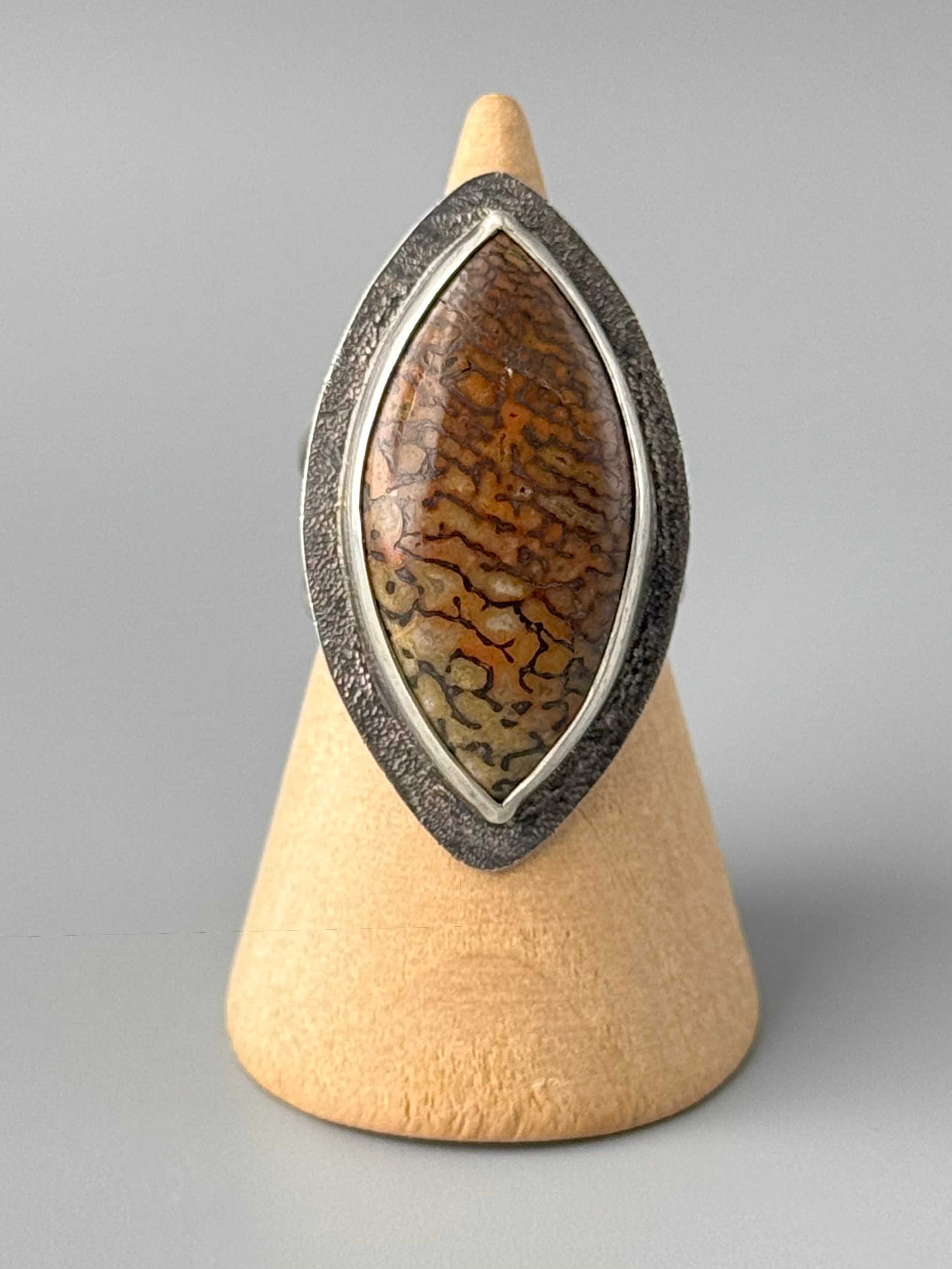 •AGATIZED DINOSAUR BONE - EYE• oxidized sterling silver ring (size 7.75)