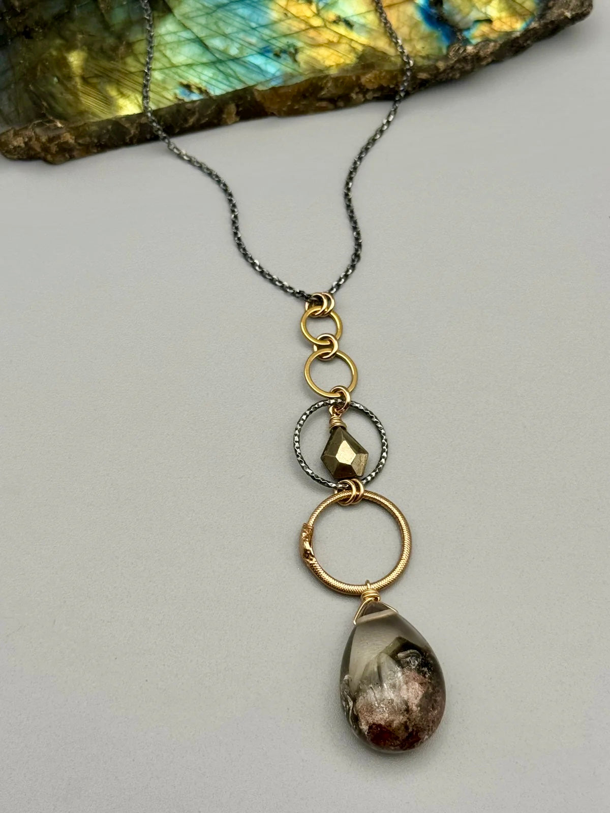 •NĀGA• pyrite + lodolite mixed metal necklace (26"-28" long)