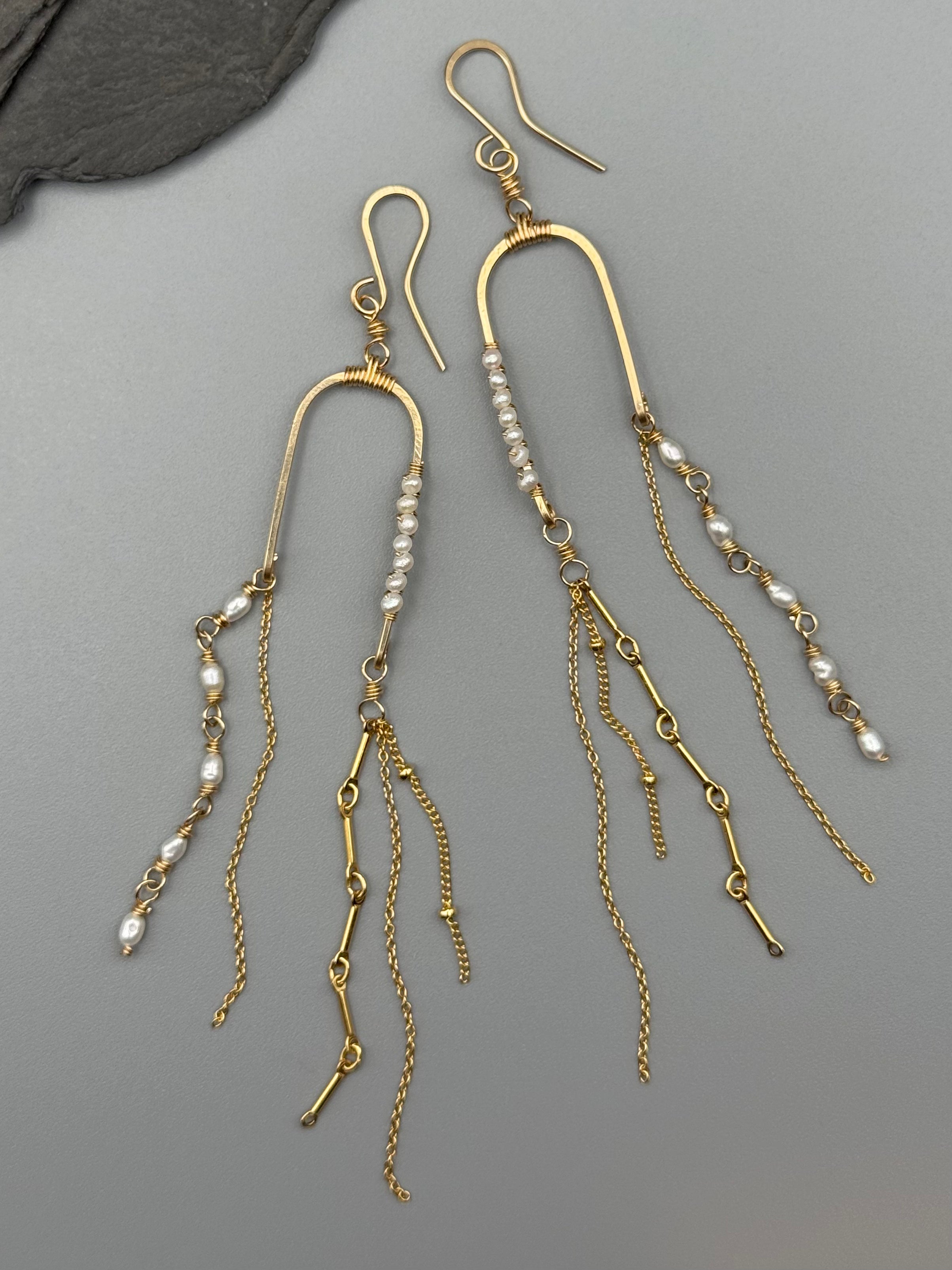 •BALANCING ACT• pearl + gold dangle earrings