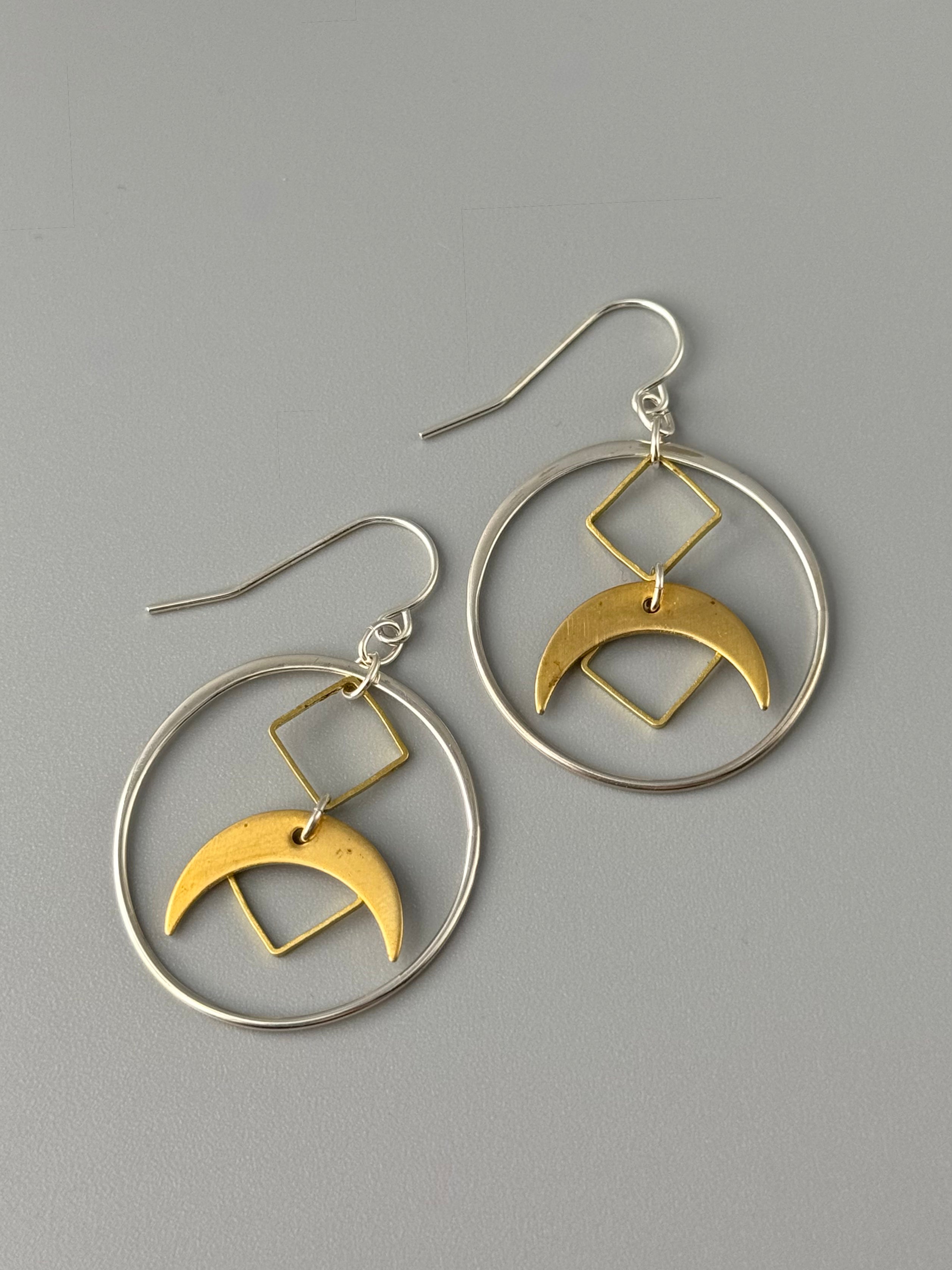 •GEO CRESCENT HOOP• mixed metal hoop earrings
