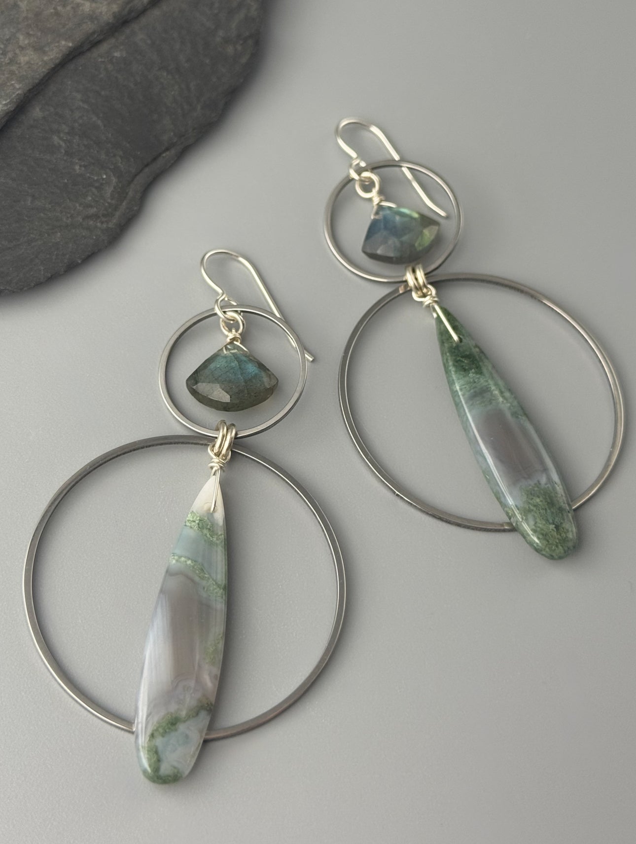 •EQUA-LUNA• labradorite + moss agate silver earrings