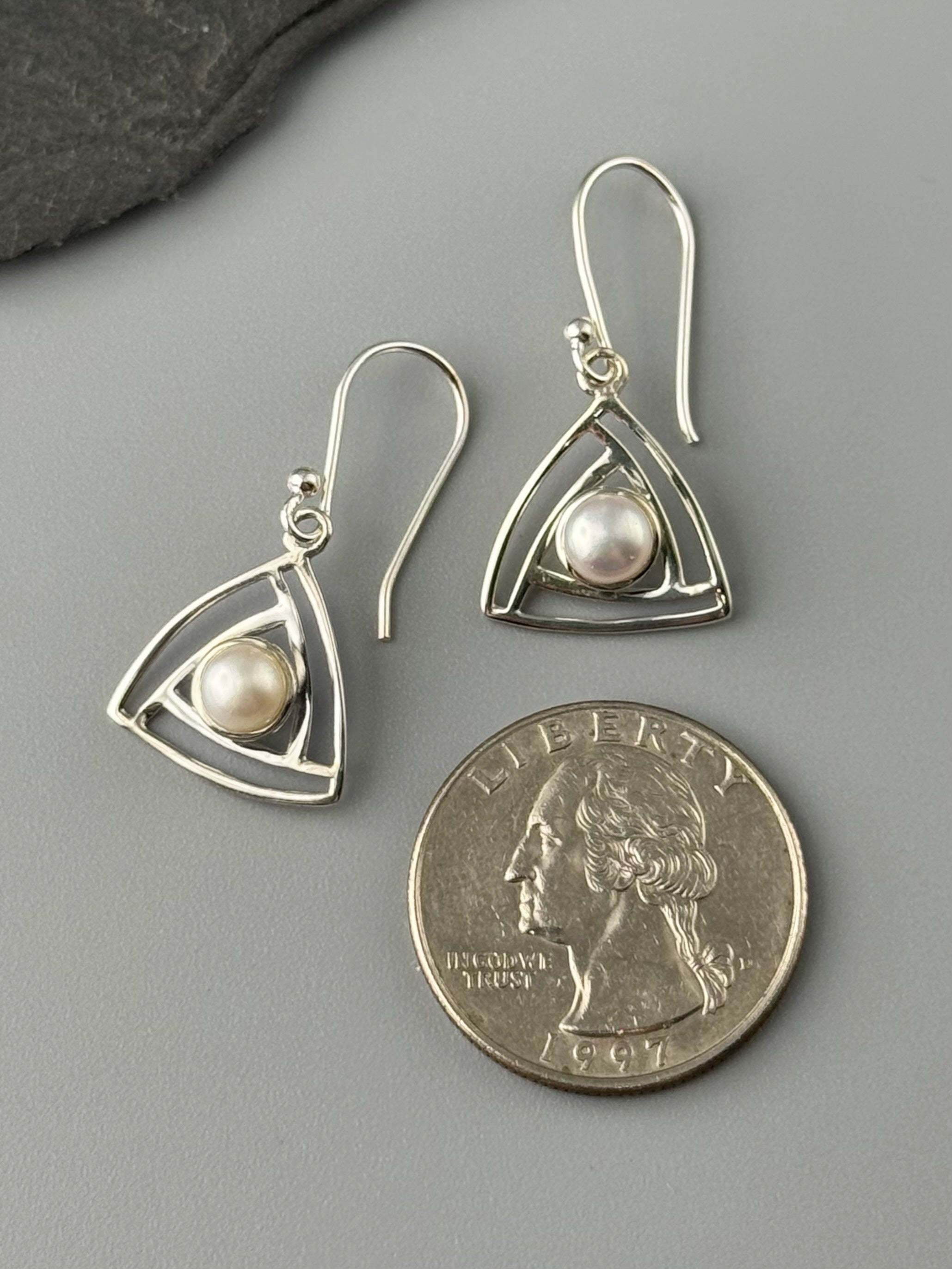 •NESTED TRIANGLE• pearl + silver dangle earrings