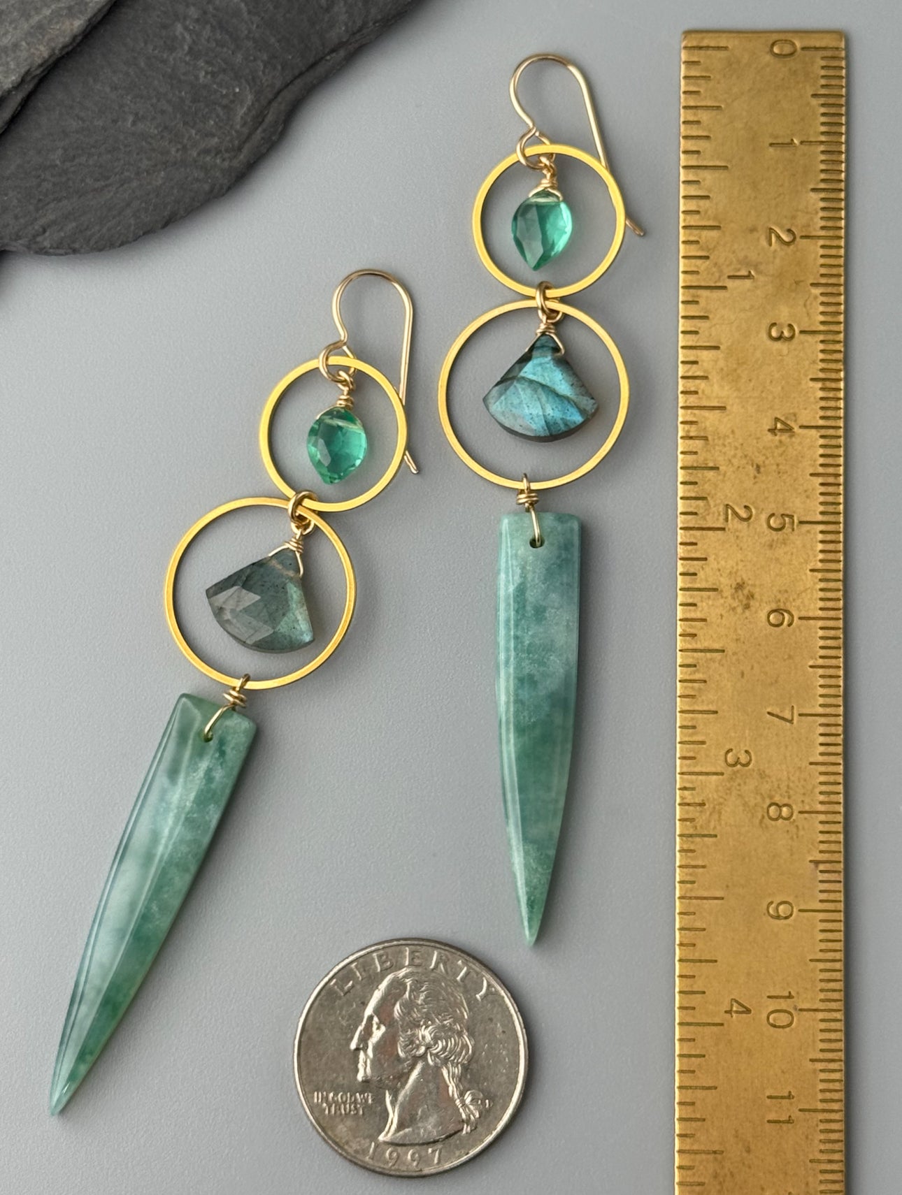 •EQUA-LUNA• paraiba quartz + labradorite + green mountain jade gold earrings