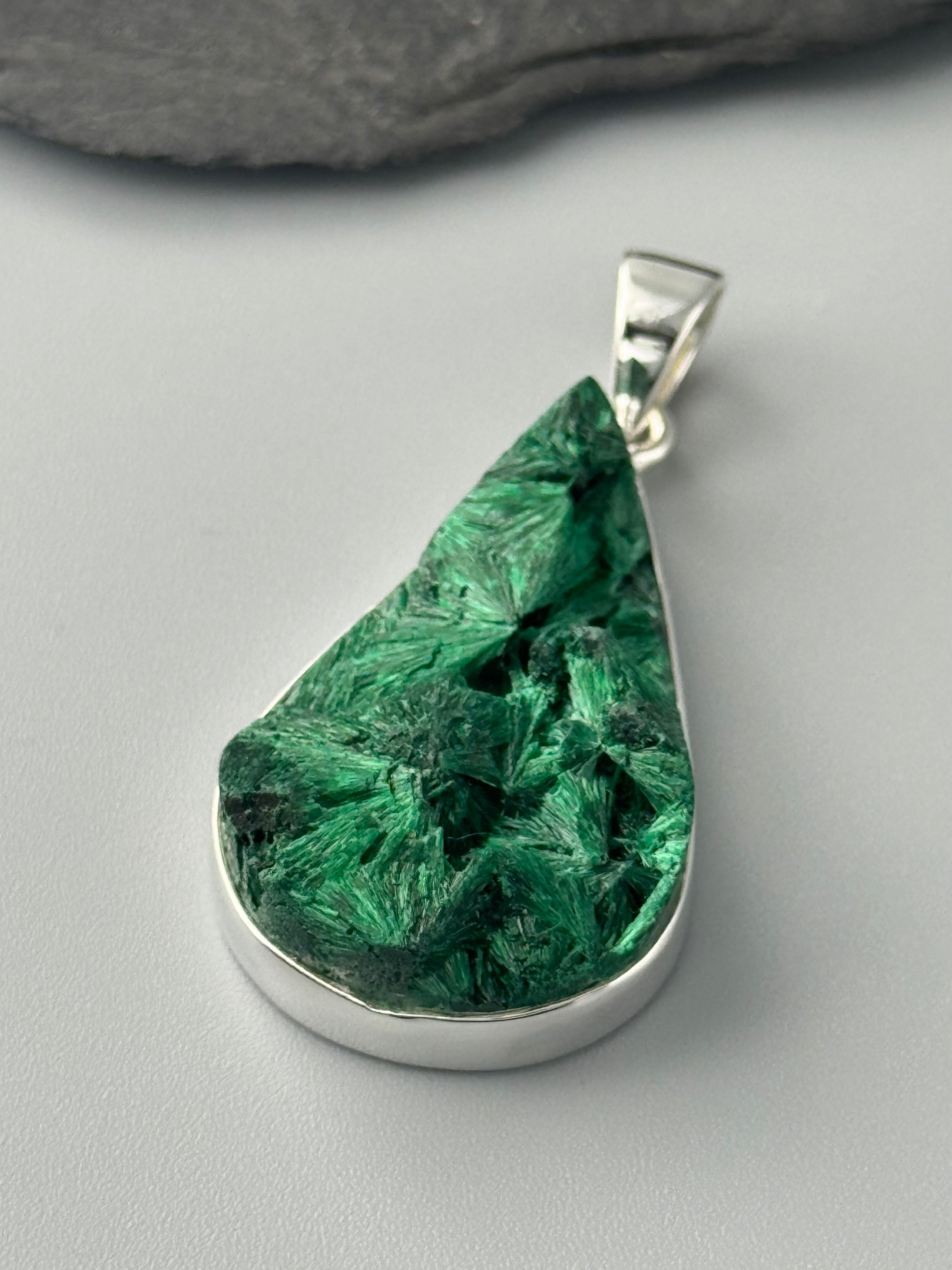 •FIBROUS MALACHITE - TEARDROP• sterling silver pendant