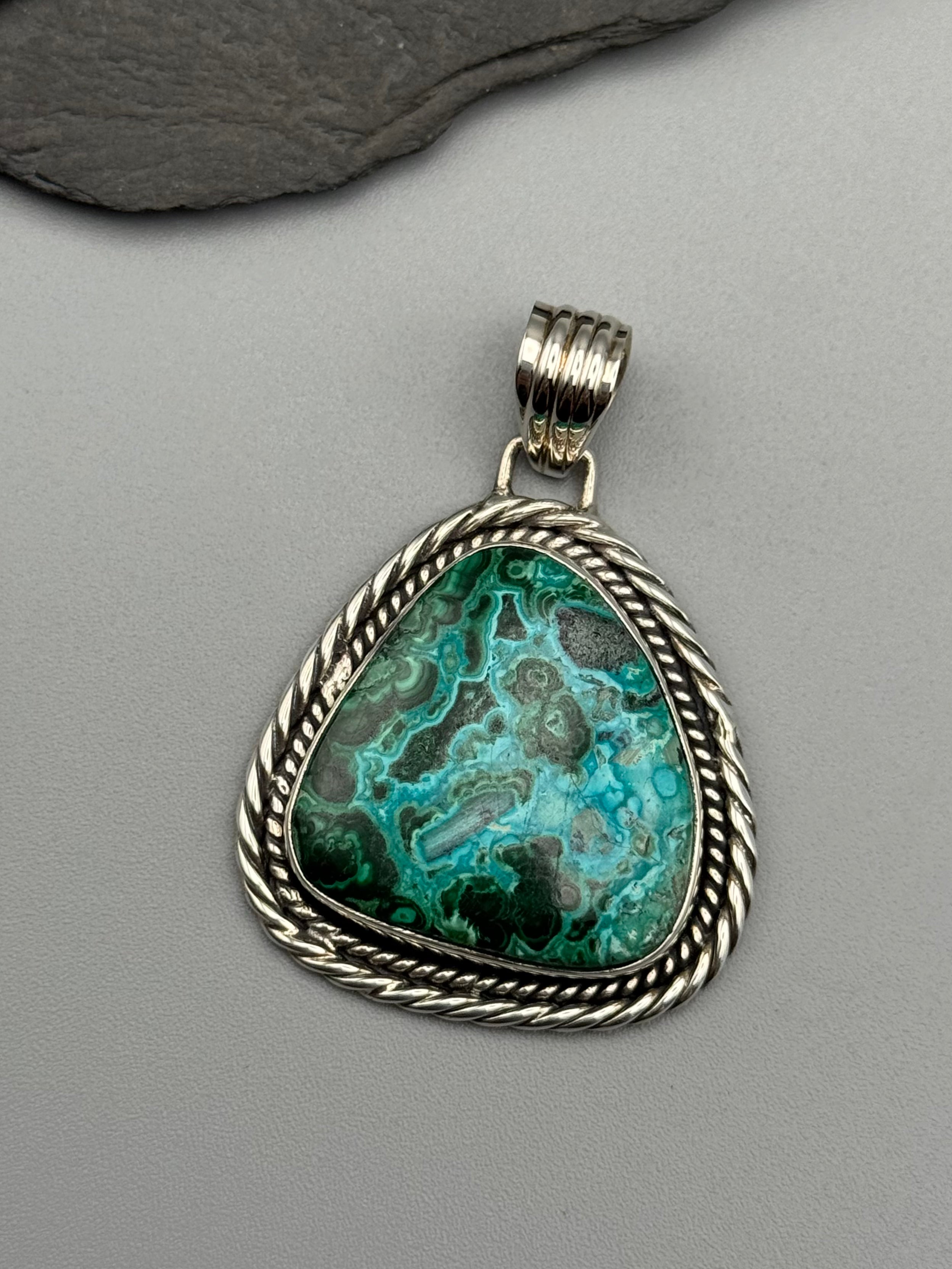 •MALACHITE CHRYSOCOLLA - FREEFORM• rope bezel silver pendant