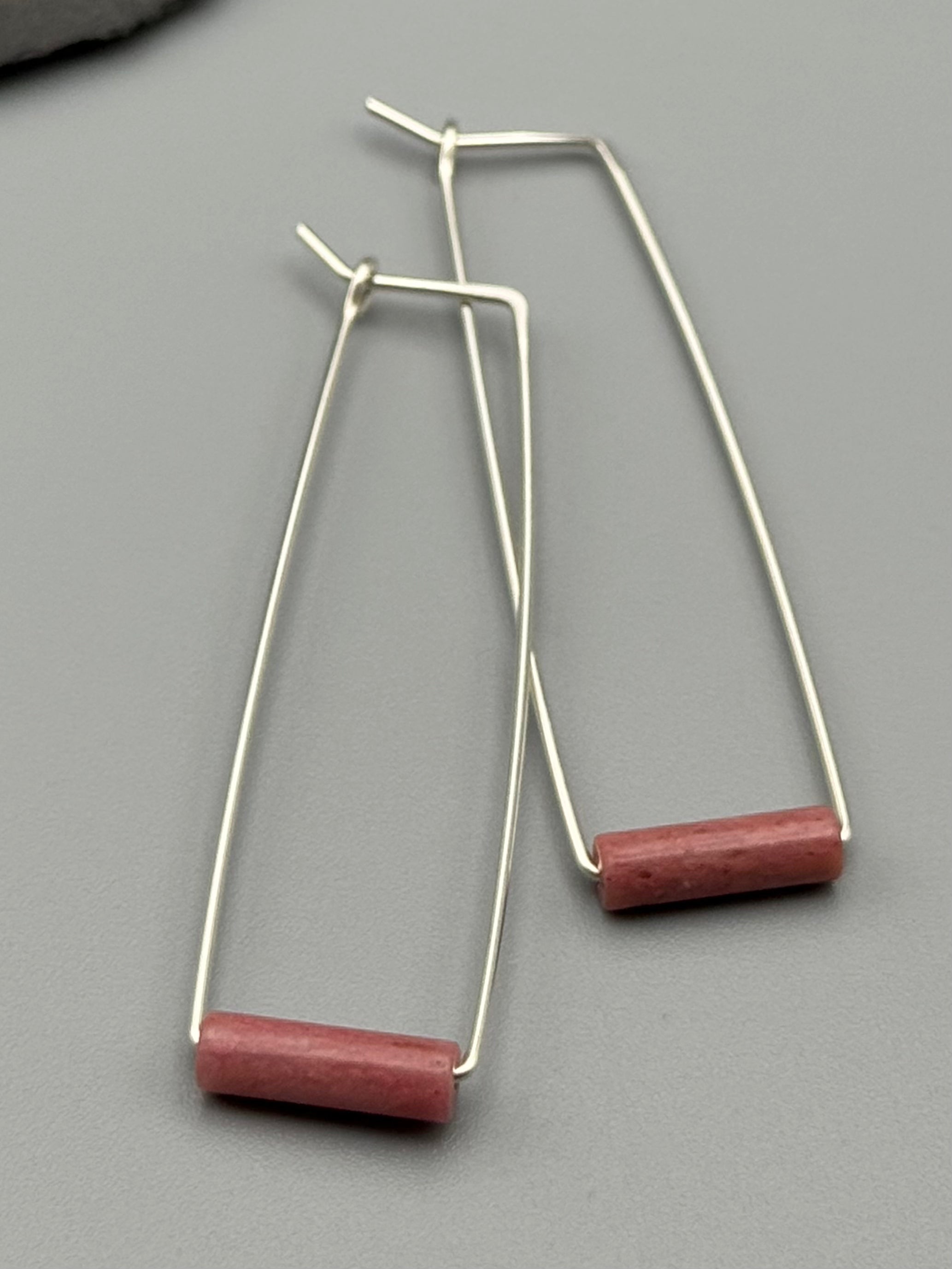 •RECTANGLE TUBE HOOP• rhodonite + silver earrings