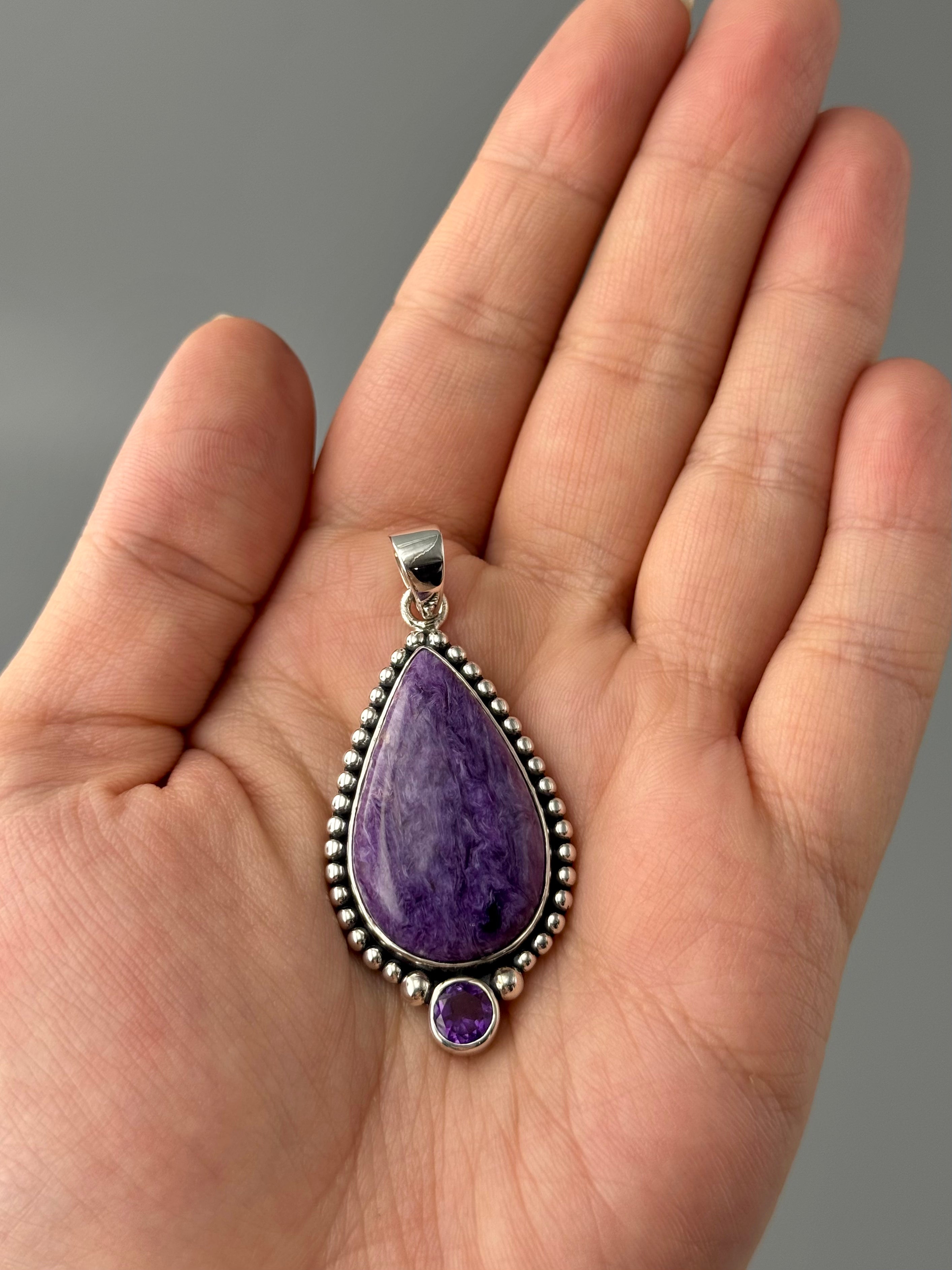 •CHAROITE TEAR + AMETHYST• sterling silver pendant