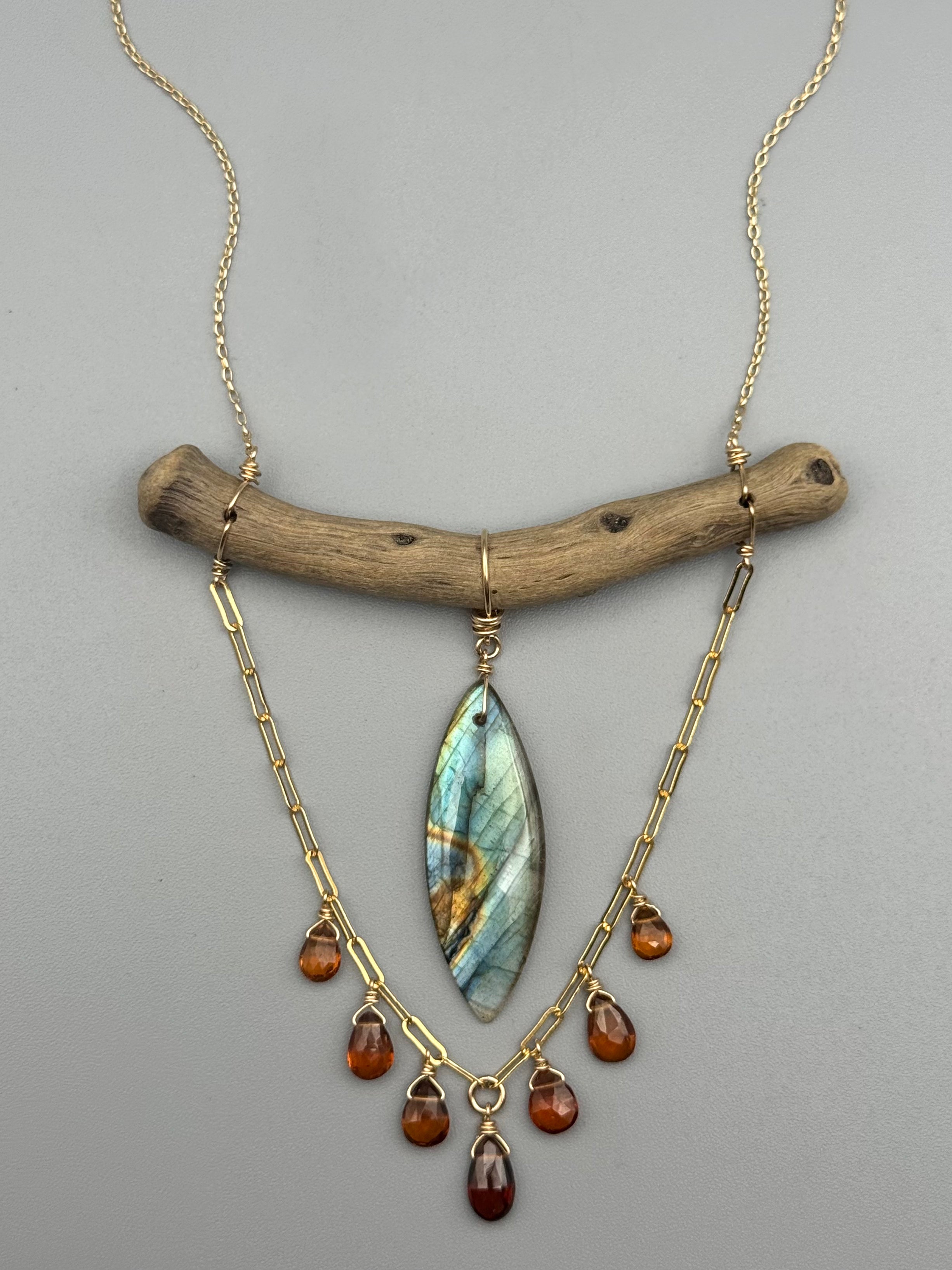 •TOTEM• labradorite + hessonite garnet gold necklace (16"-18" long)