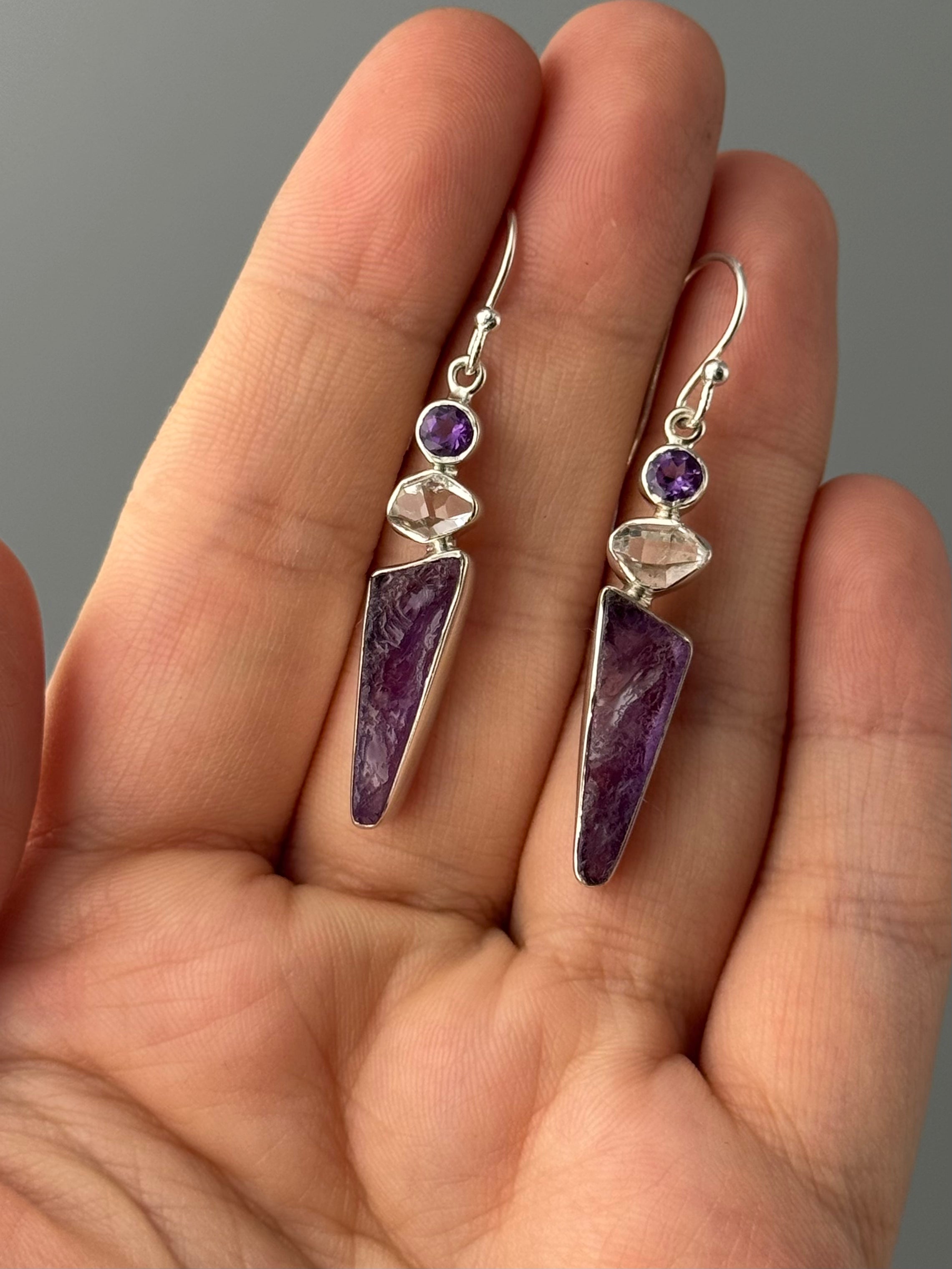 •AMETHYST + HERKIMER DIAMOND - FANG STACK• silver dangle earrings