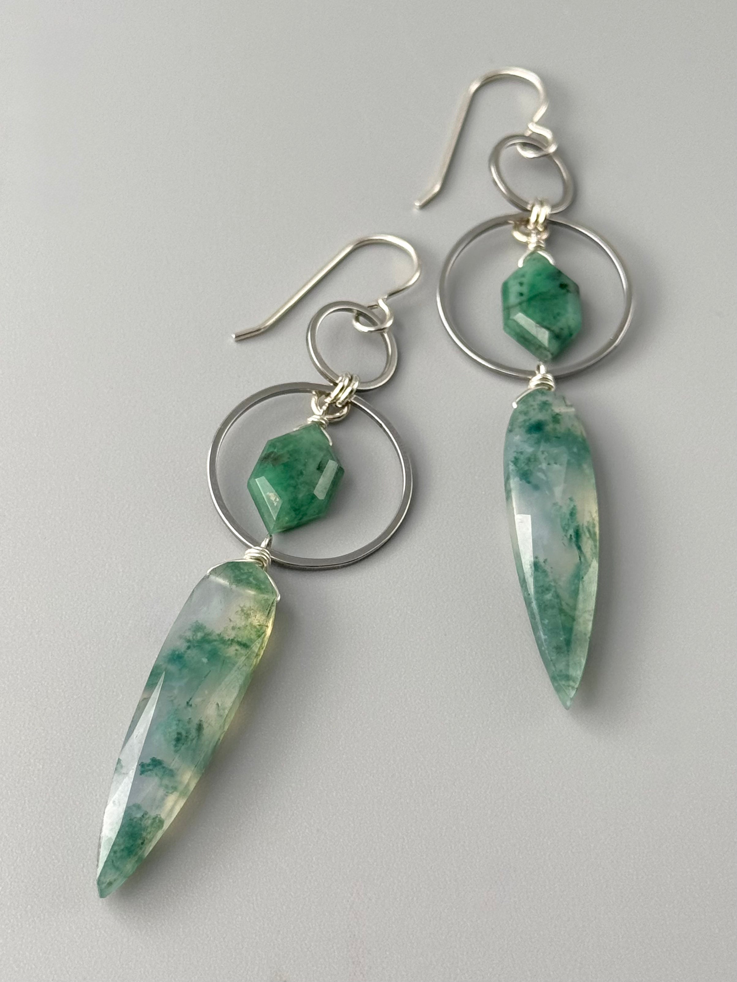 •EQUA-LUNA• emerald + moss agate + silver earrings