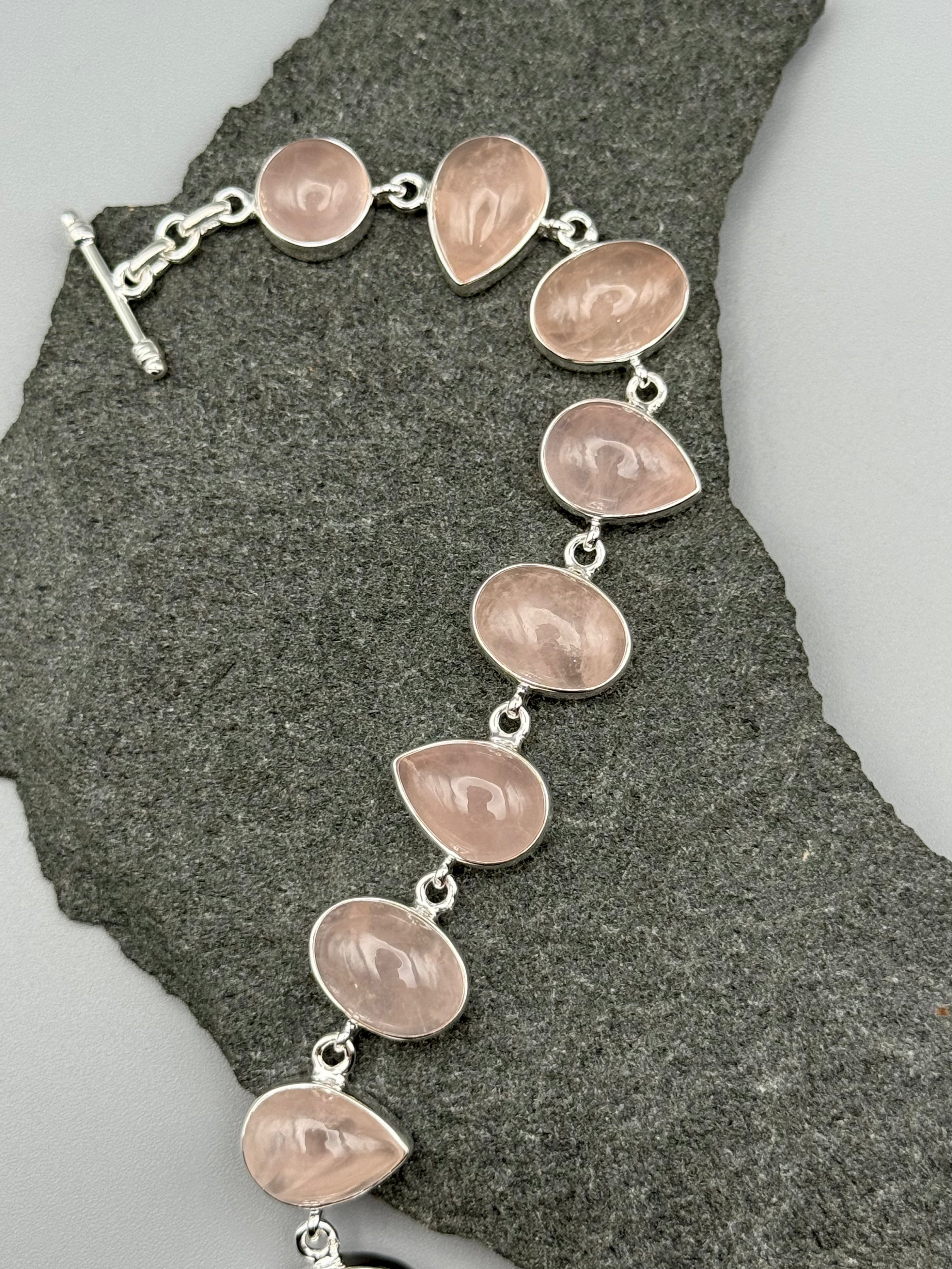 •ROSE QUARTZ - GEO MIX• linked silver bracelet (7.25" - 8.25")