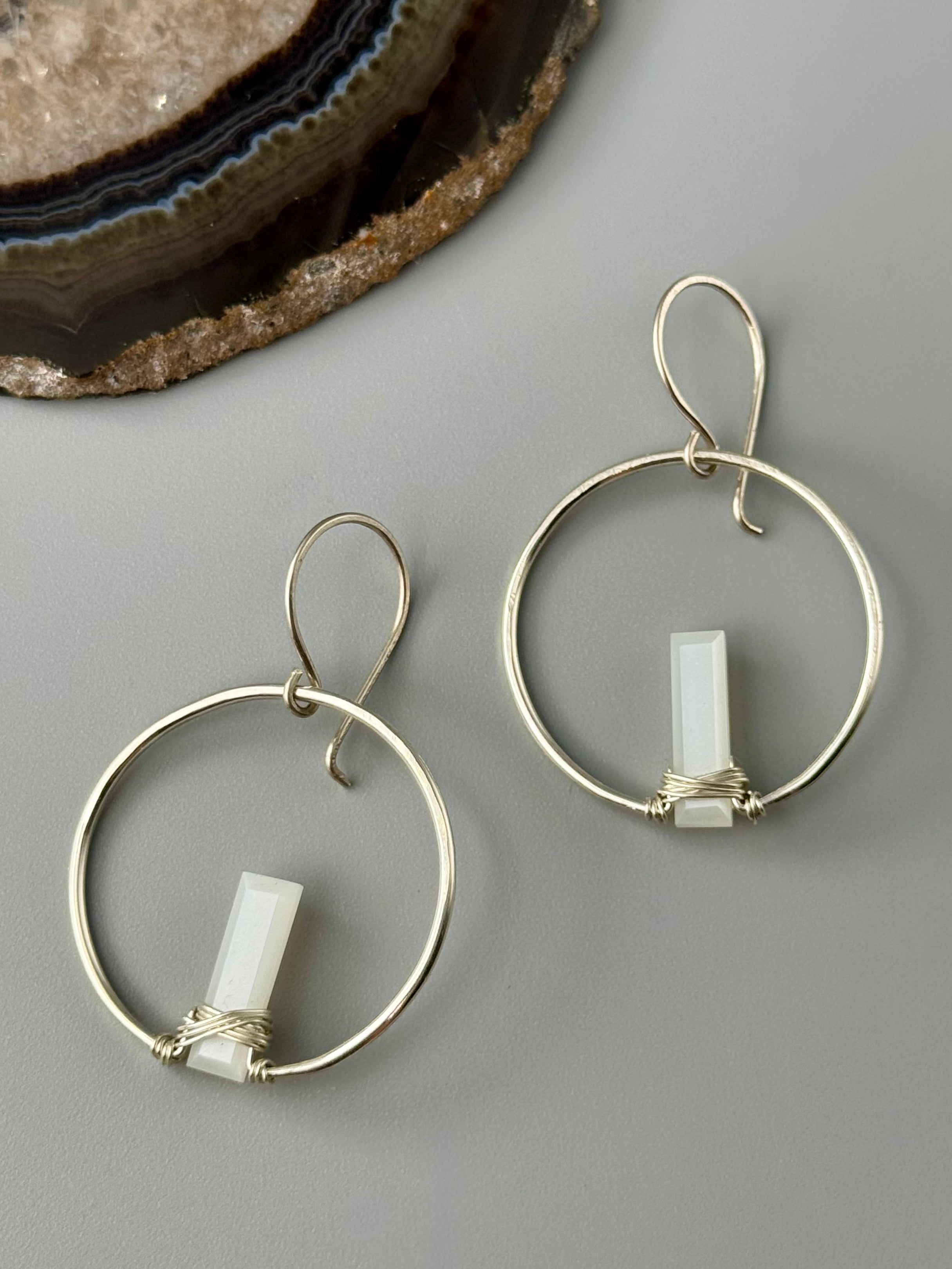 •SUNRISE HOOP• white moonstone + silver earrings