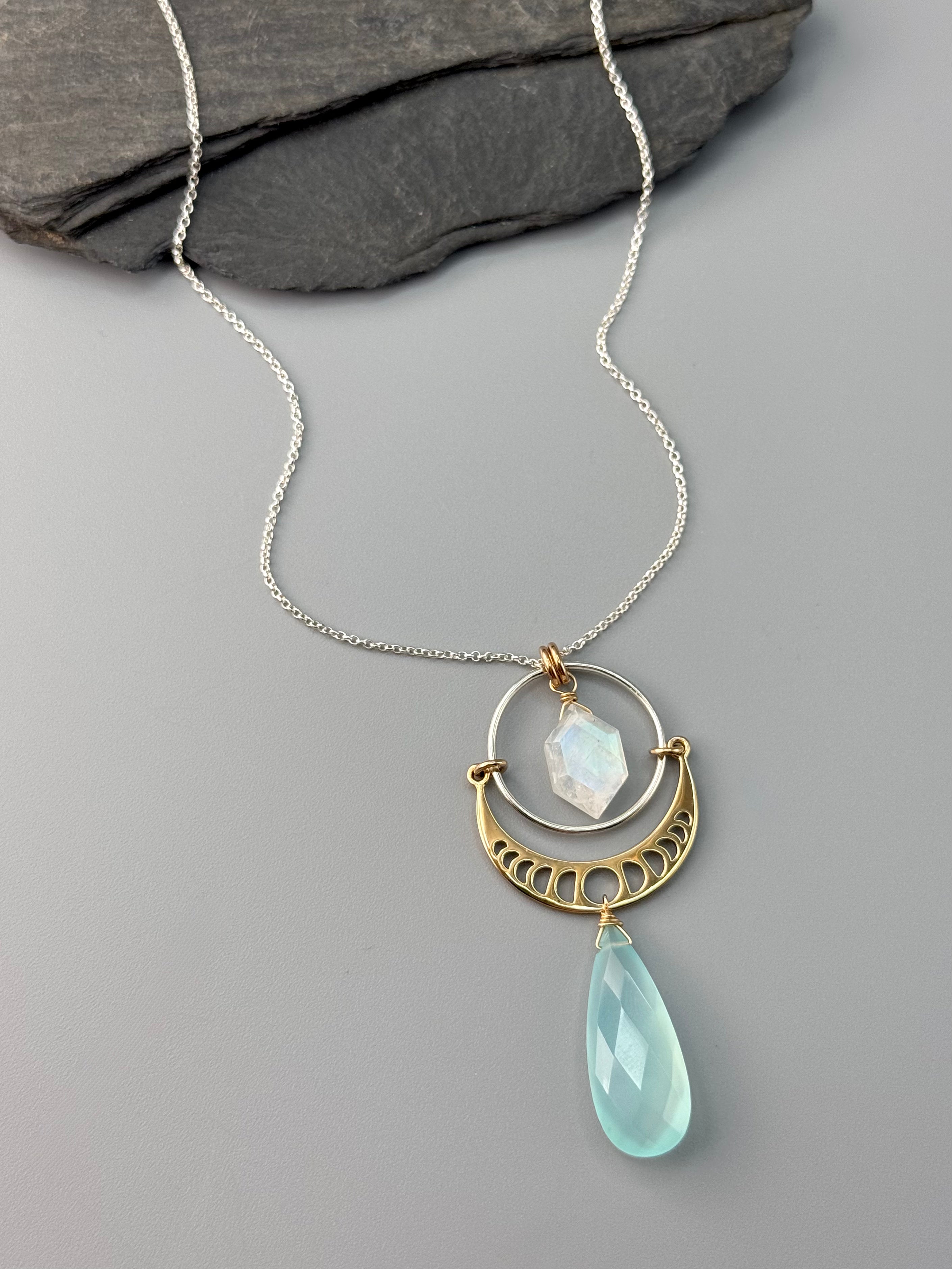 •NYX• rainbow moonstone + aqua chalcedony mixed metal necklace (18"-20" long)