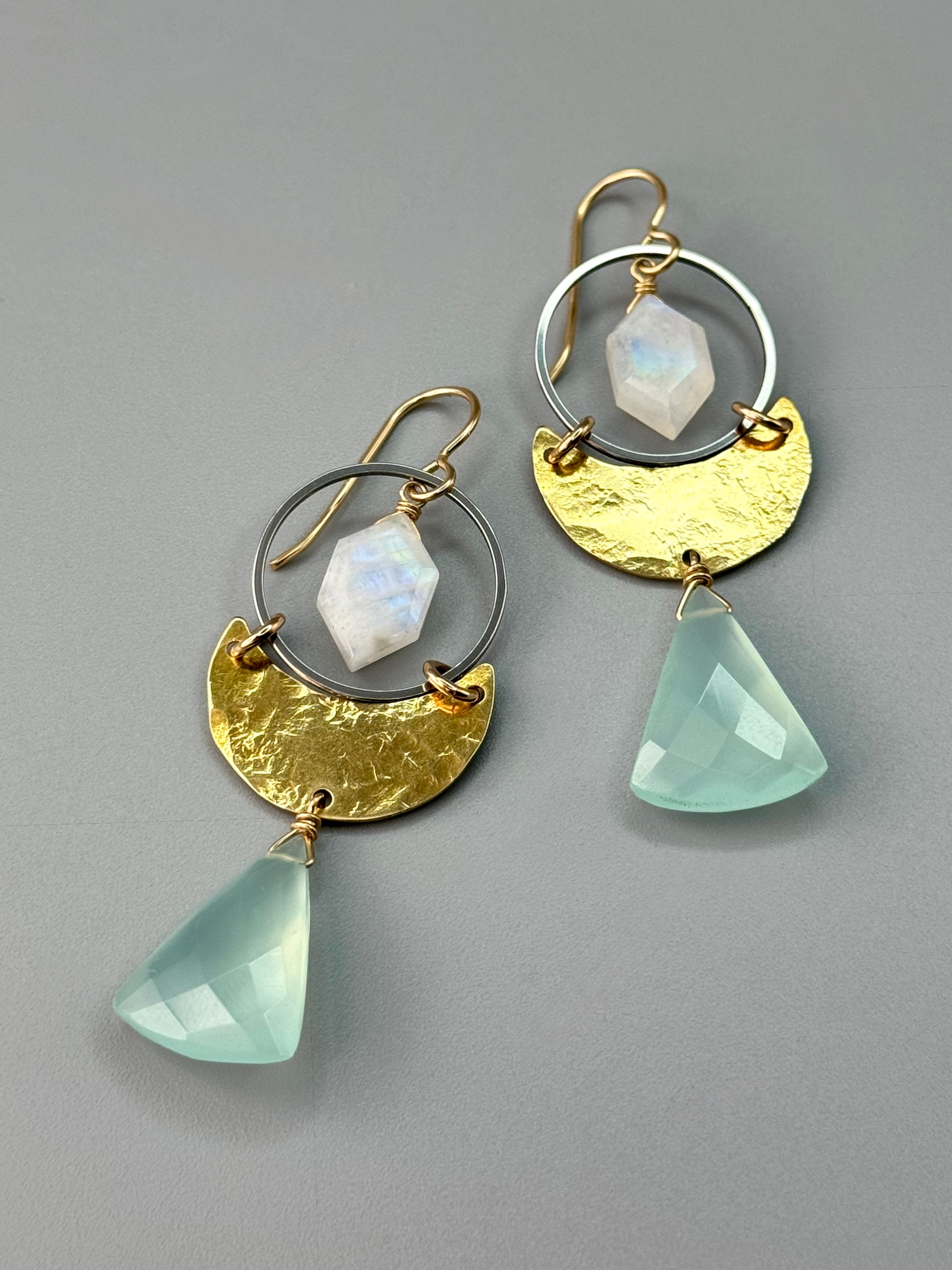 •MOON SHADOW• rainbow moonstone + aqua chalcedony mixed metal earrings