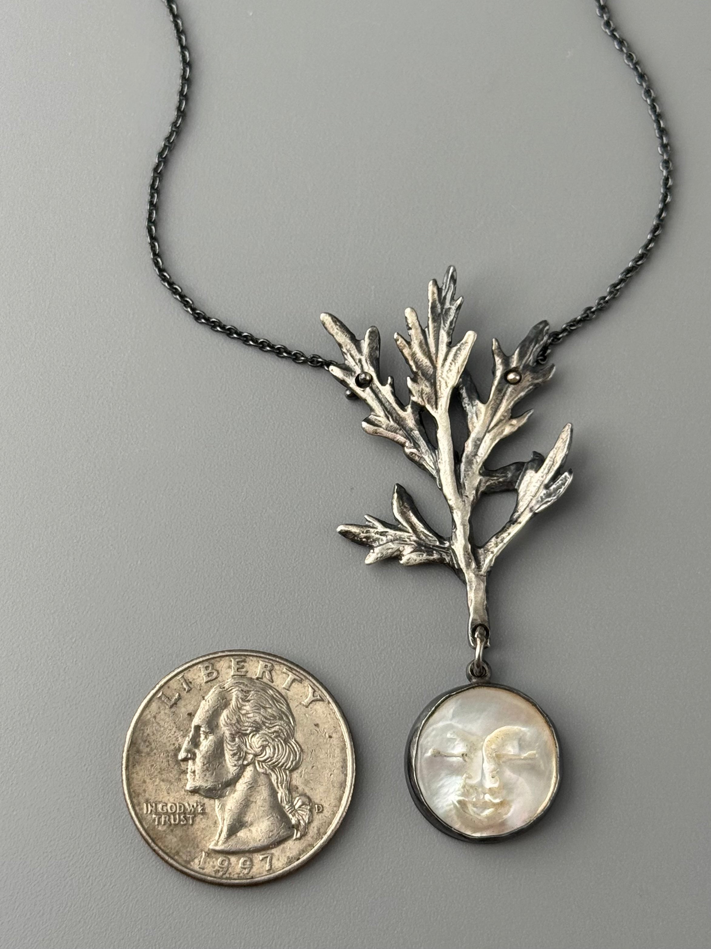 •LIL' LADY MUGWORT• carved mother of pearl + silver necklace (18" long)