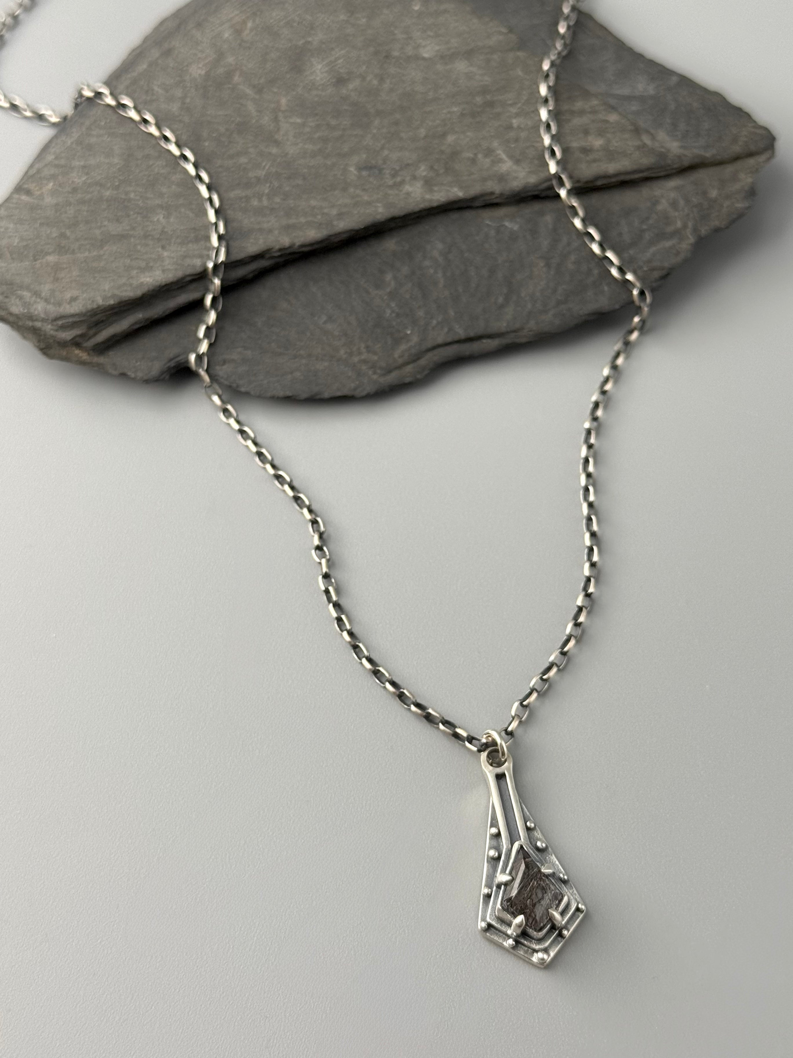 •MAIDEN SHIELD• tourmalinated quartz + silver necklace (18" long)