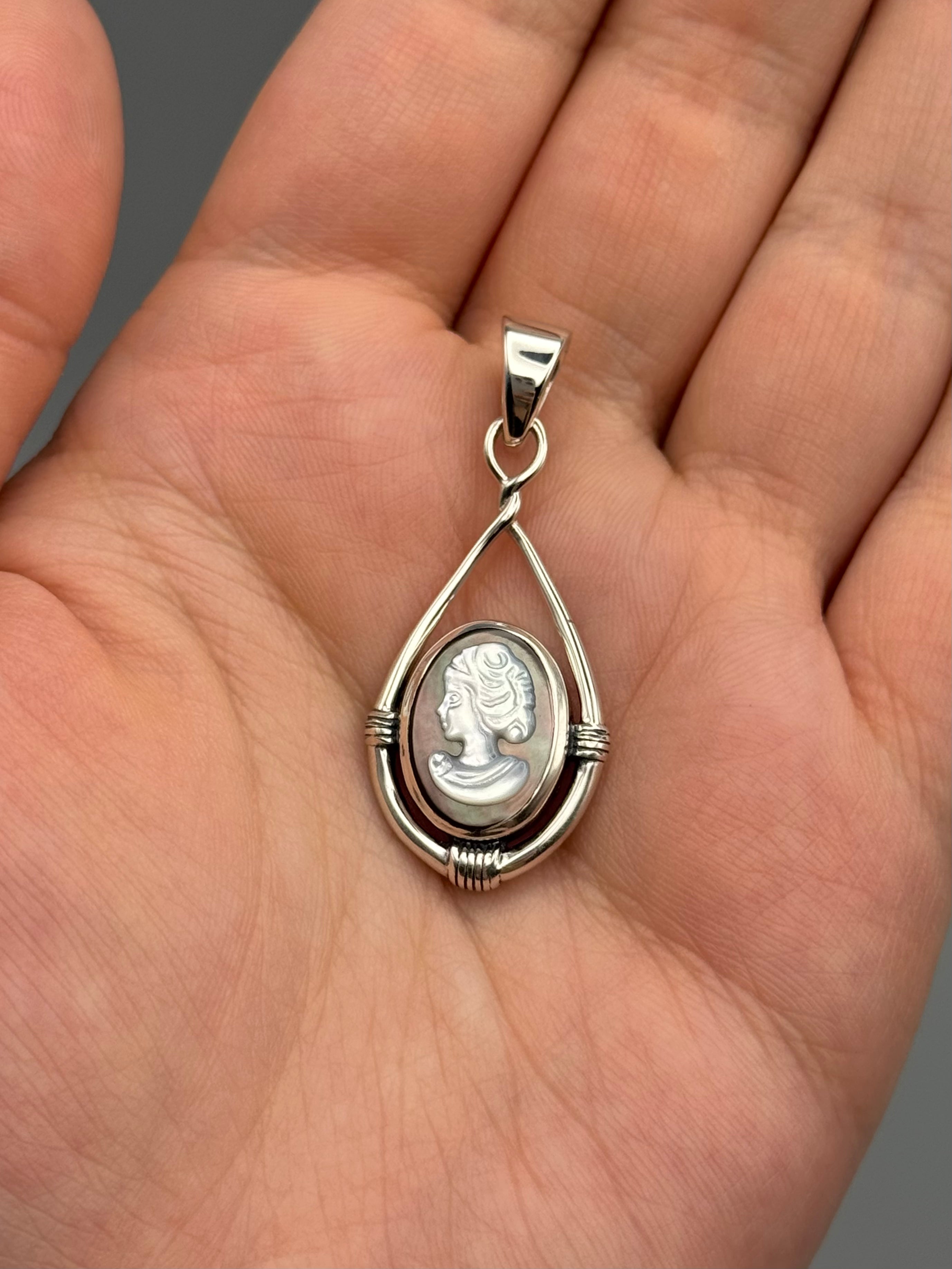 •MOTHER OF PEARL CAMEO - HITCHED - 1• sterling silver pendant