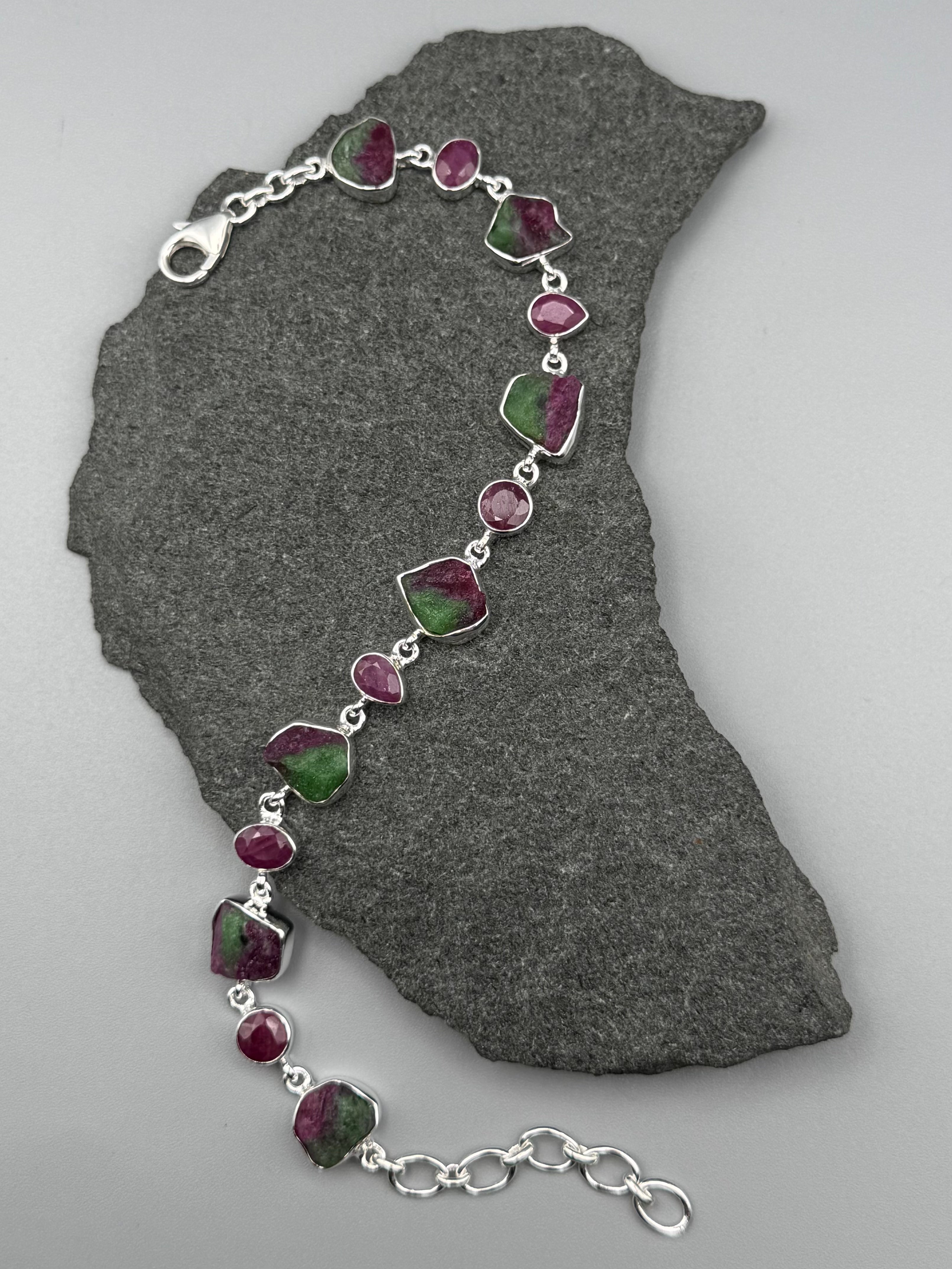 •RUBY + RUBY ZOISITE• linked silver bracelet (7.5" - 9")