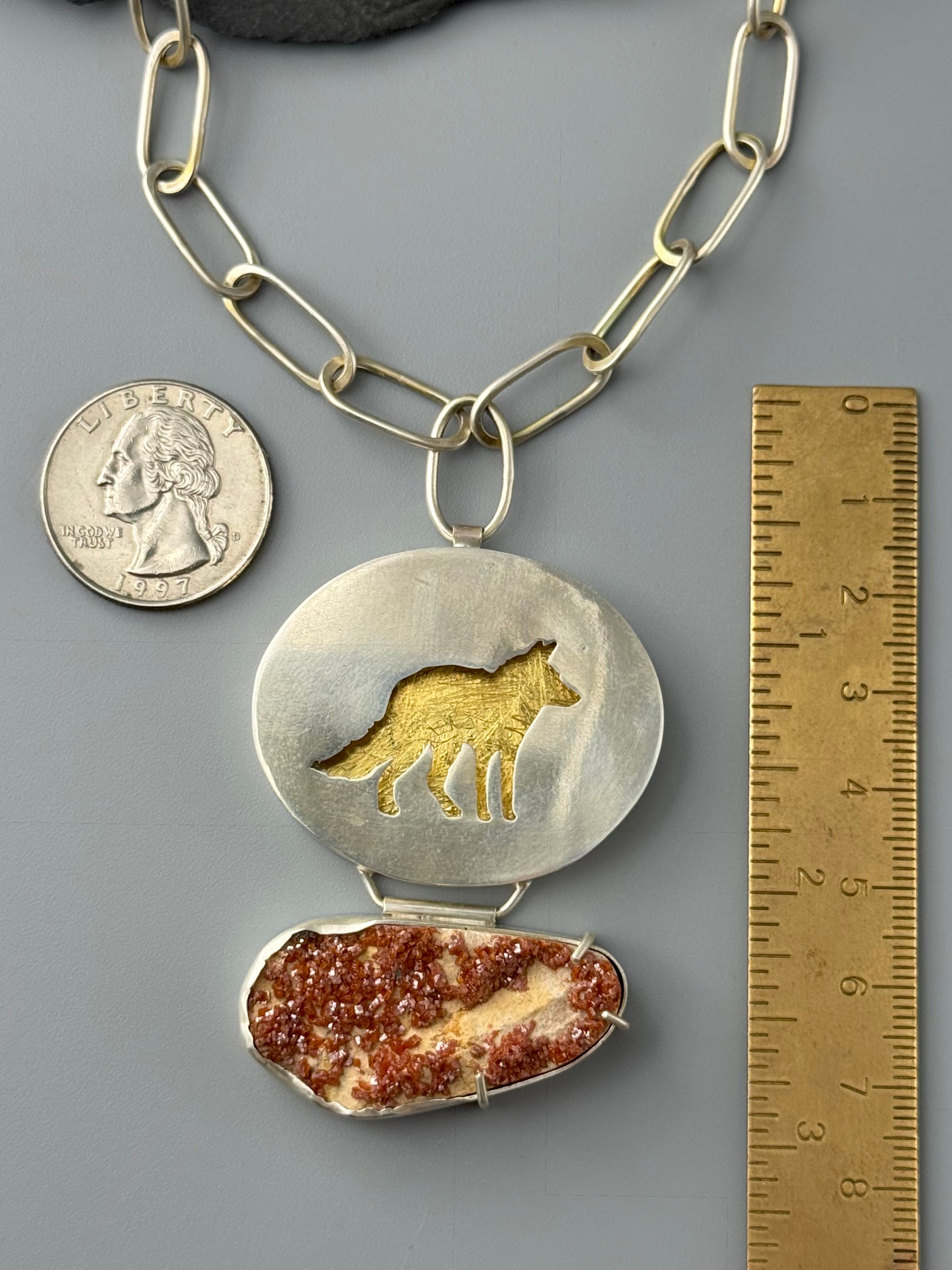 •KEUM-BOO VIXEN• hessonite garnet + mixed metal fox shadowbox necklace (20" long + 3" drop)