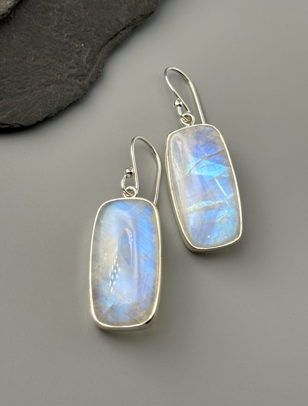 •RAINBOW MOONSTONE - SOFT RECTANGLE• silver dangle earrings
