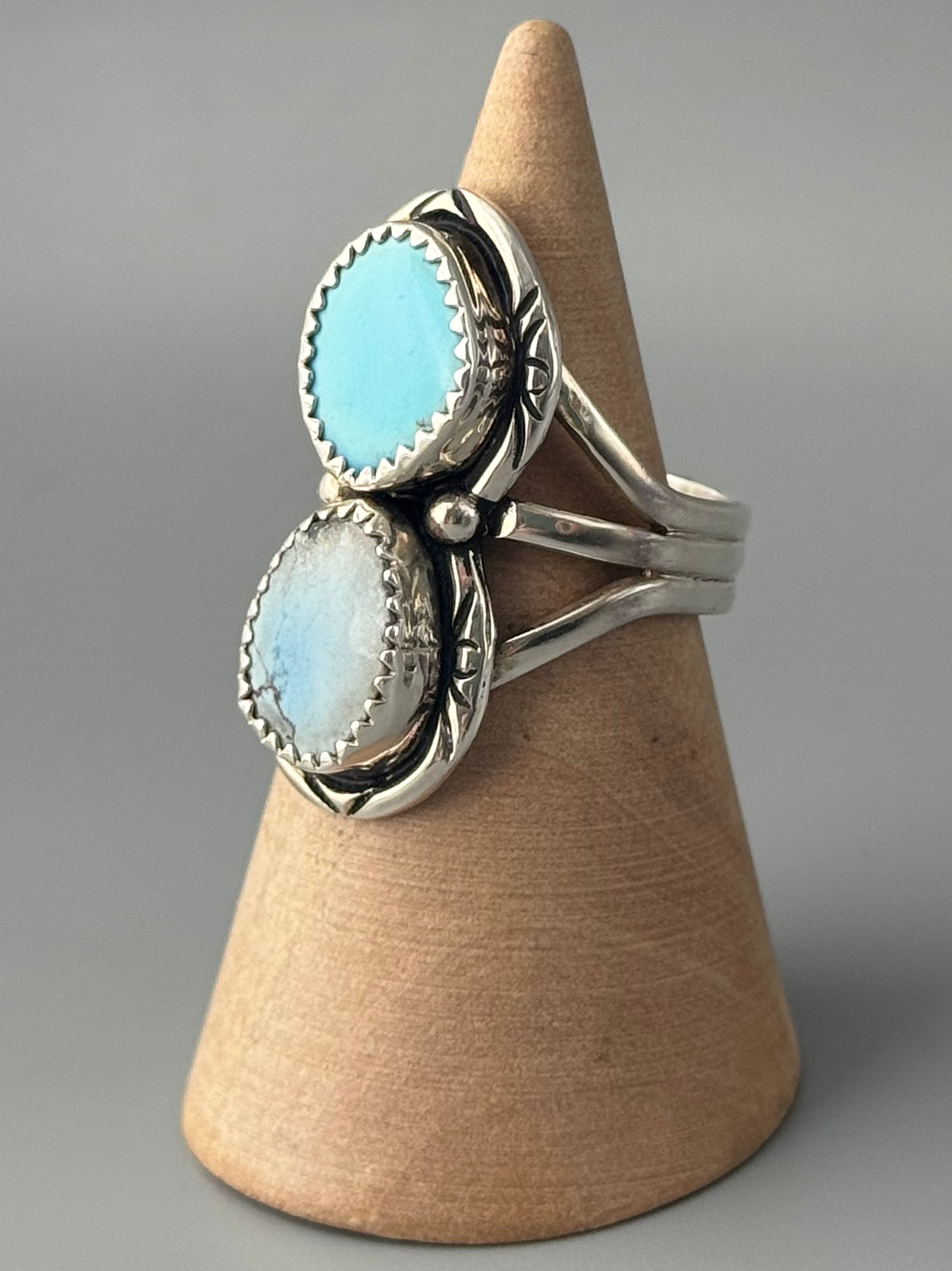 •GOLDEN HILL TURQUOISE - NAAKI - 2• Navajo silver ring (size 6.5)