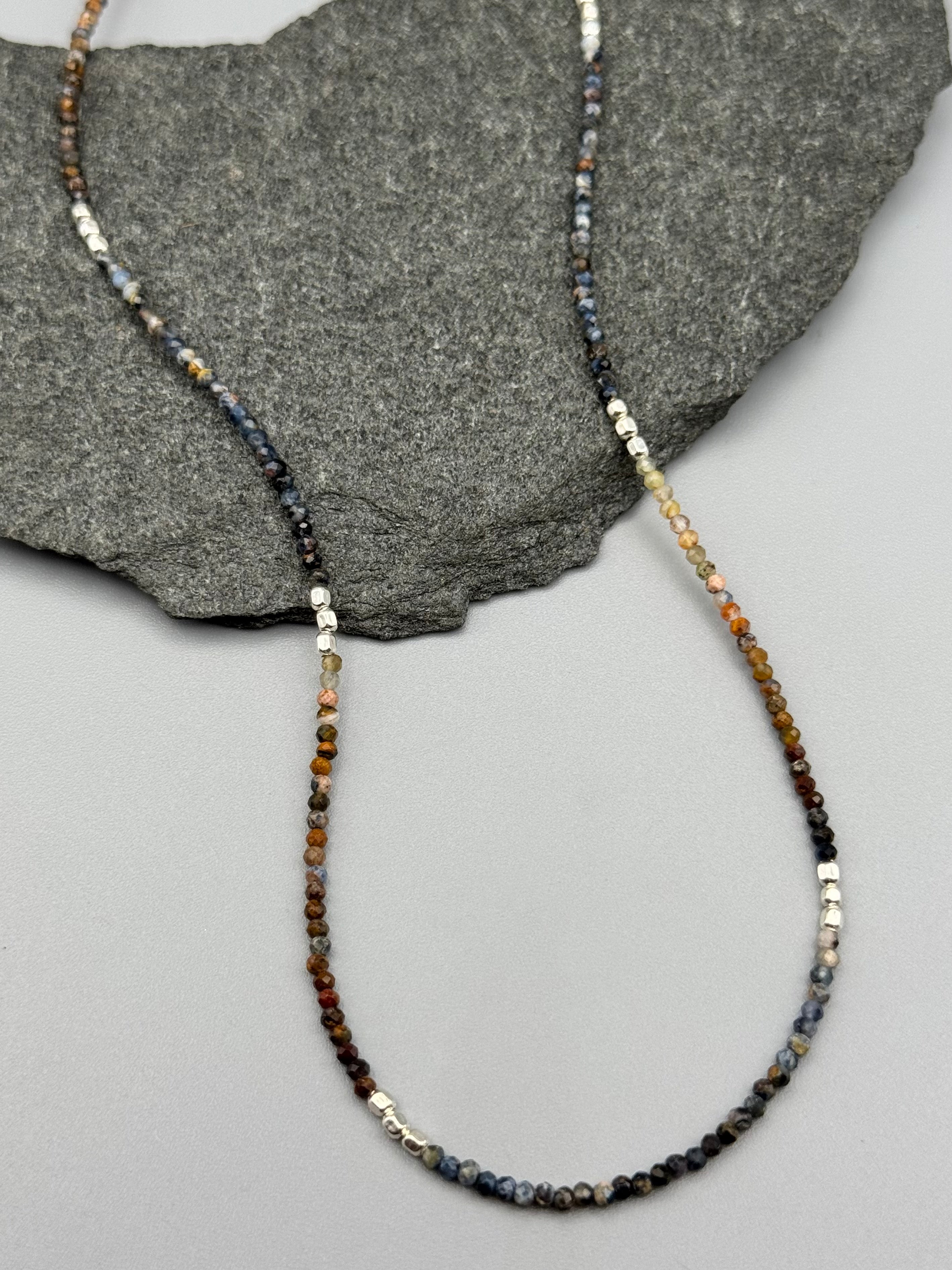 •LIL' NUGGETS• pietersite + silver beaded necklace (16"-17.5" long)