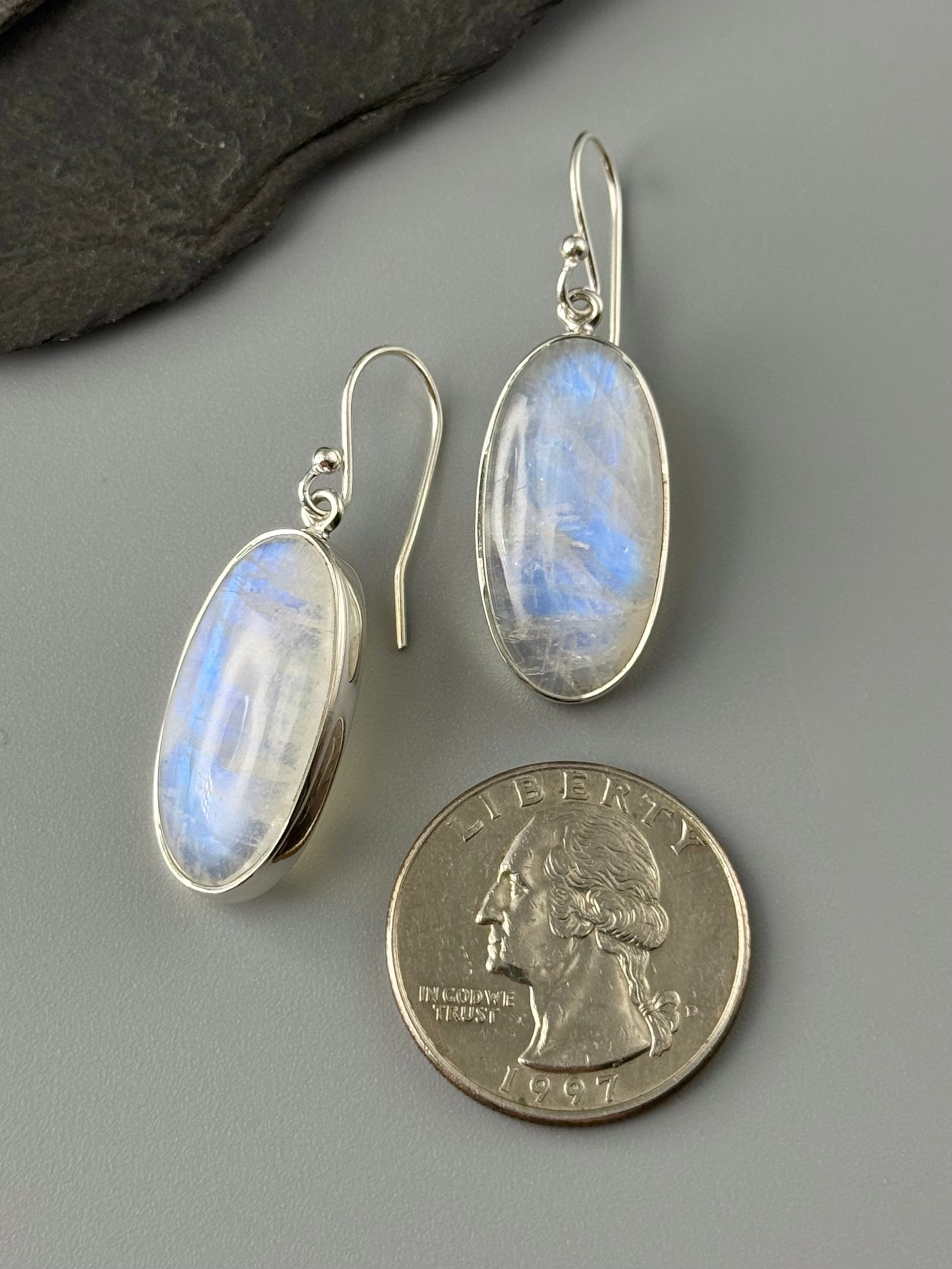 •RAINBOW MOONSTONE OVAL• silver dangle earrings