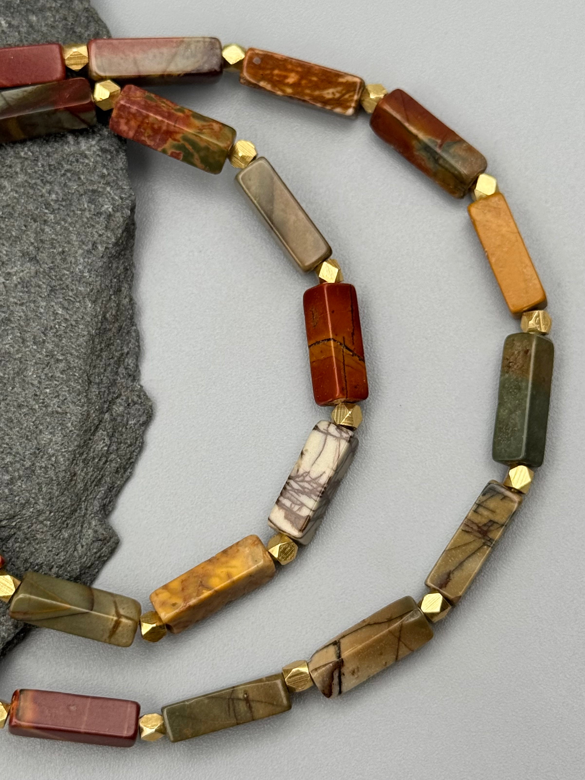 •LIL' CUBOIDS• red creek jasper + gold beaded necklace (16"-17.5" long)