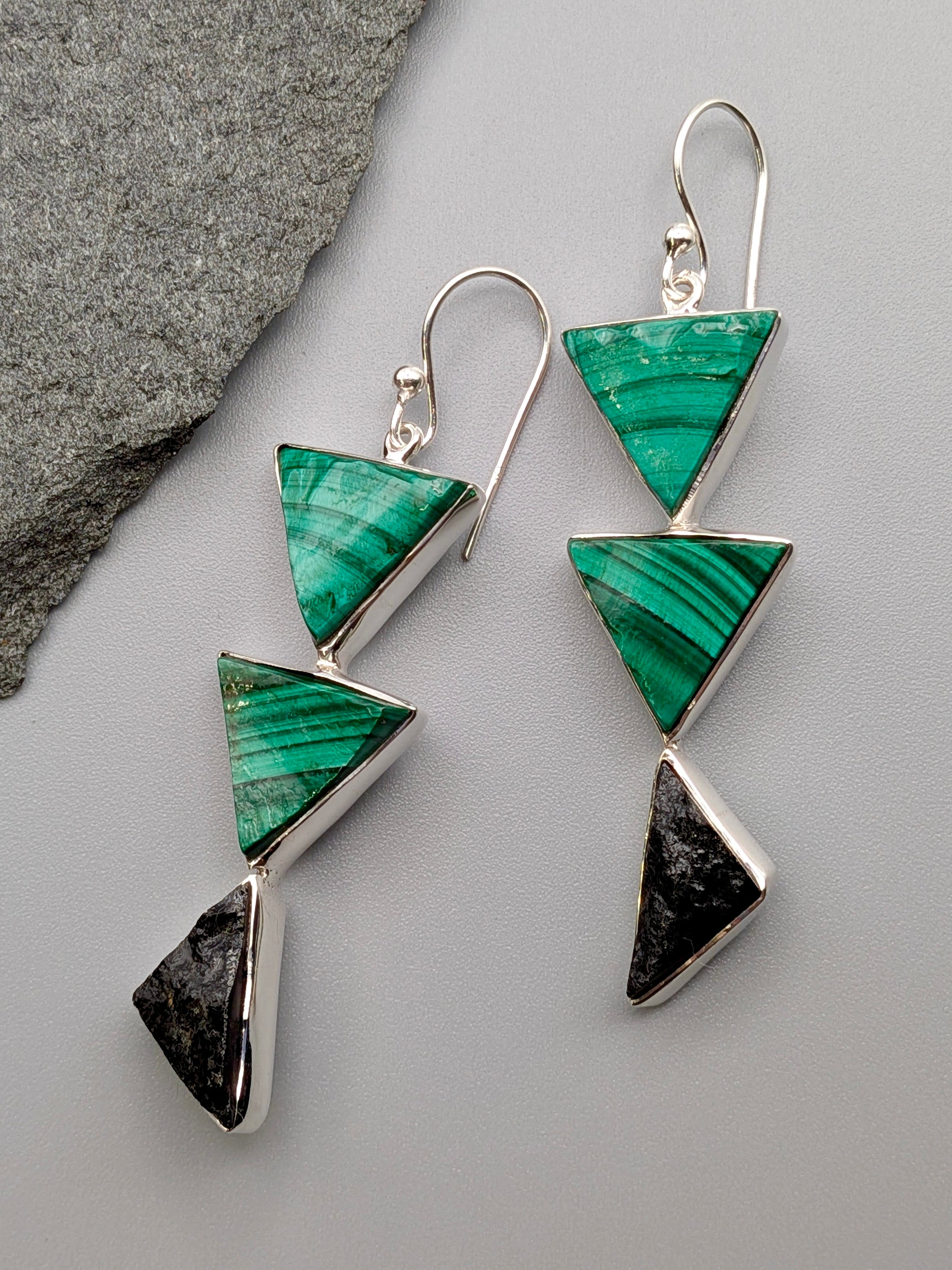 •MALACHITE + BLACK TOURMALINE - TRI STACK• silver dangle earrings