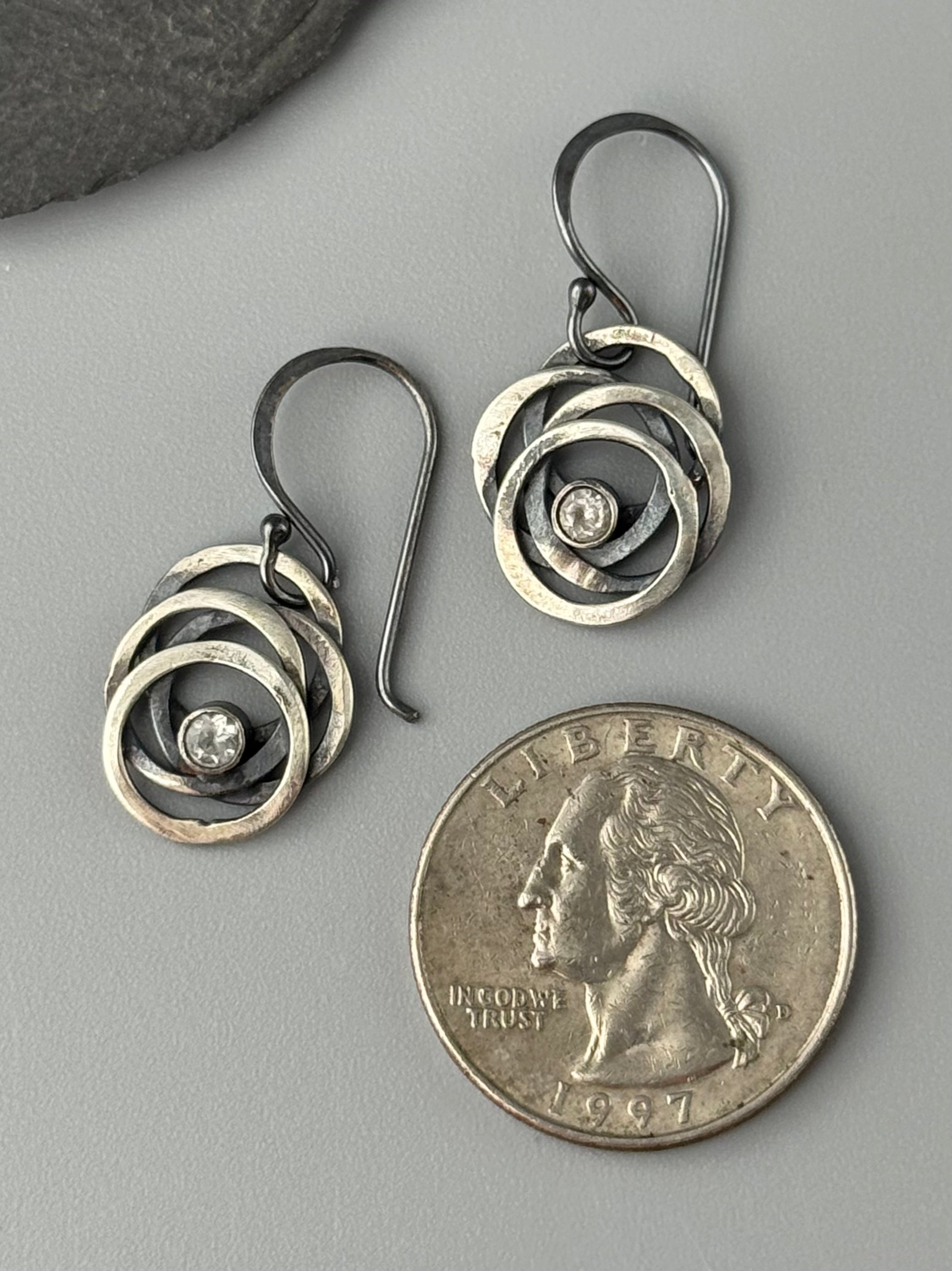•TINY GALAXY• white topaz + oxidized silver earrings