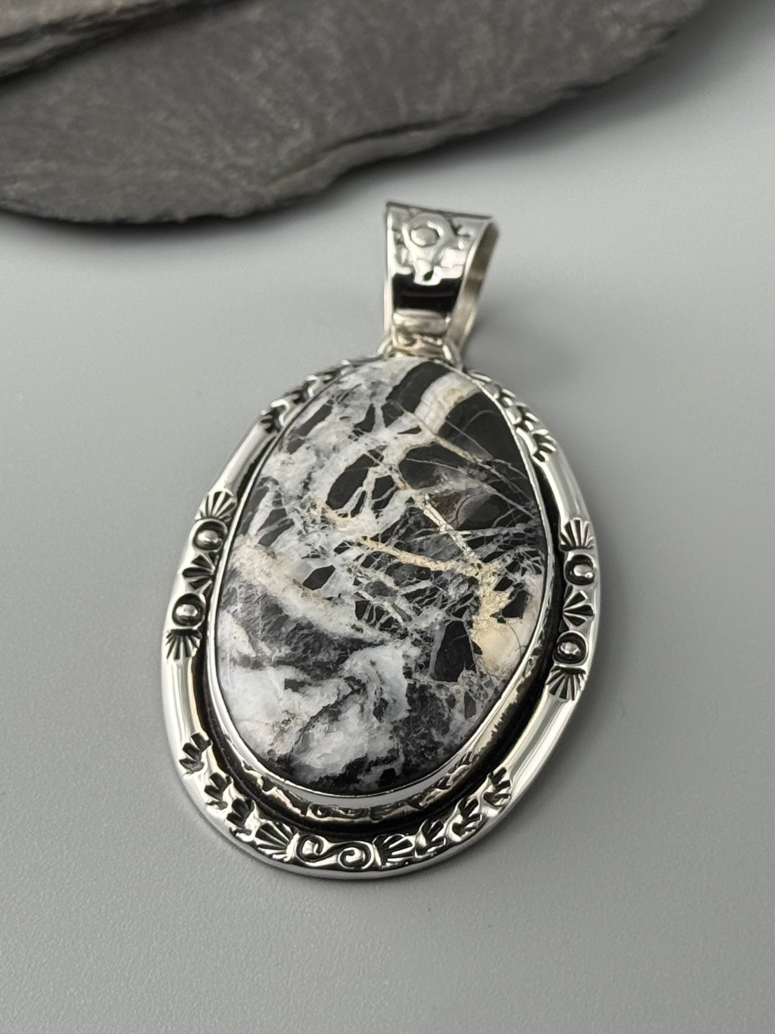 •WHITE BUFFALO TURQUOISE - SUNRAYS• Navajo sterling silver pendant