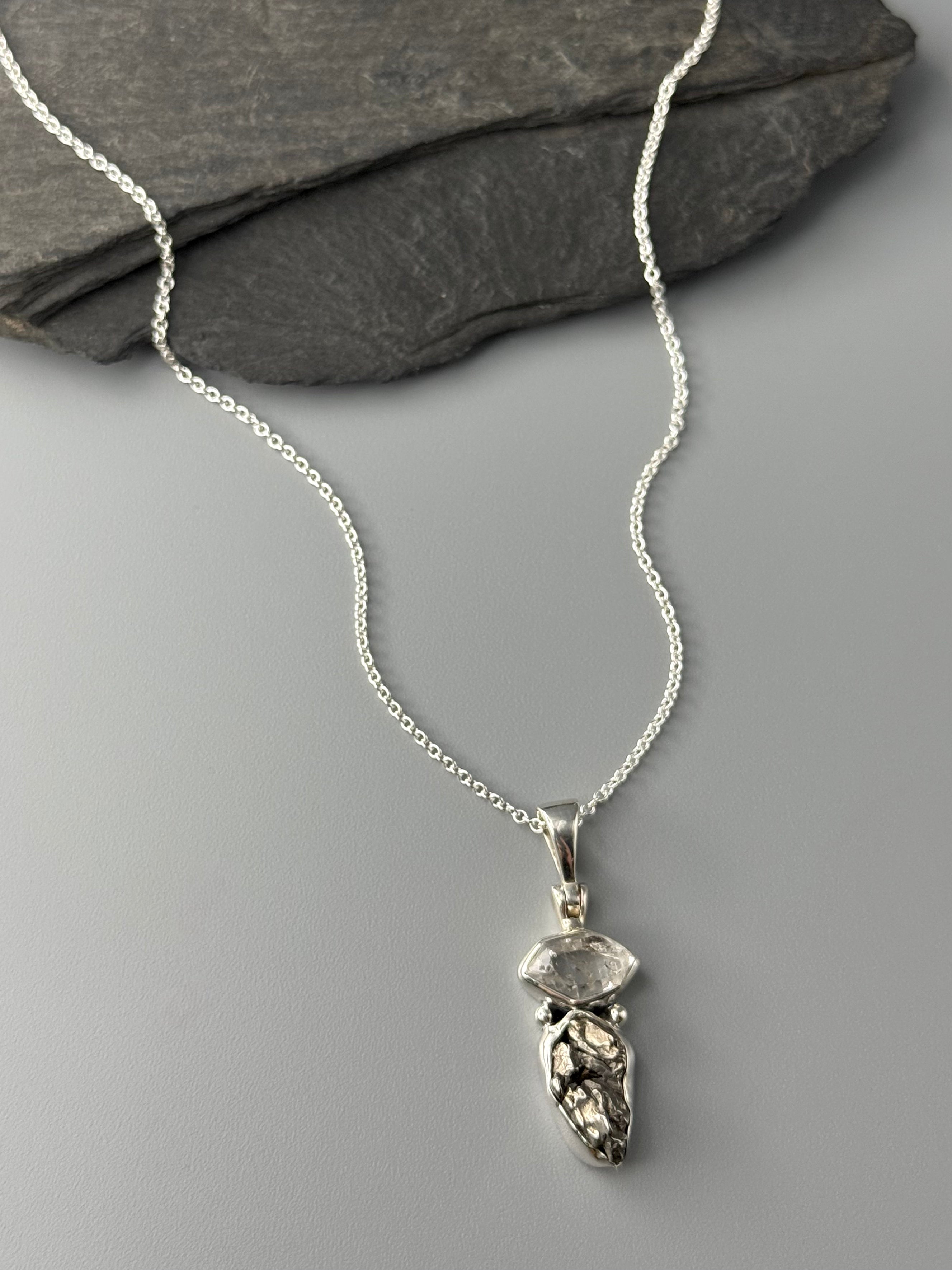 •LIL' DUO DROP• herkimer + meteorite sterling silver necklace (18" long)