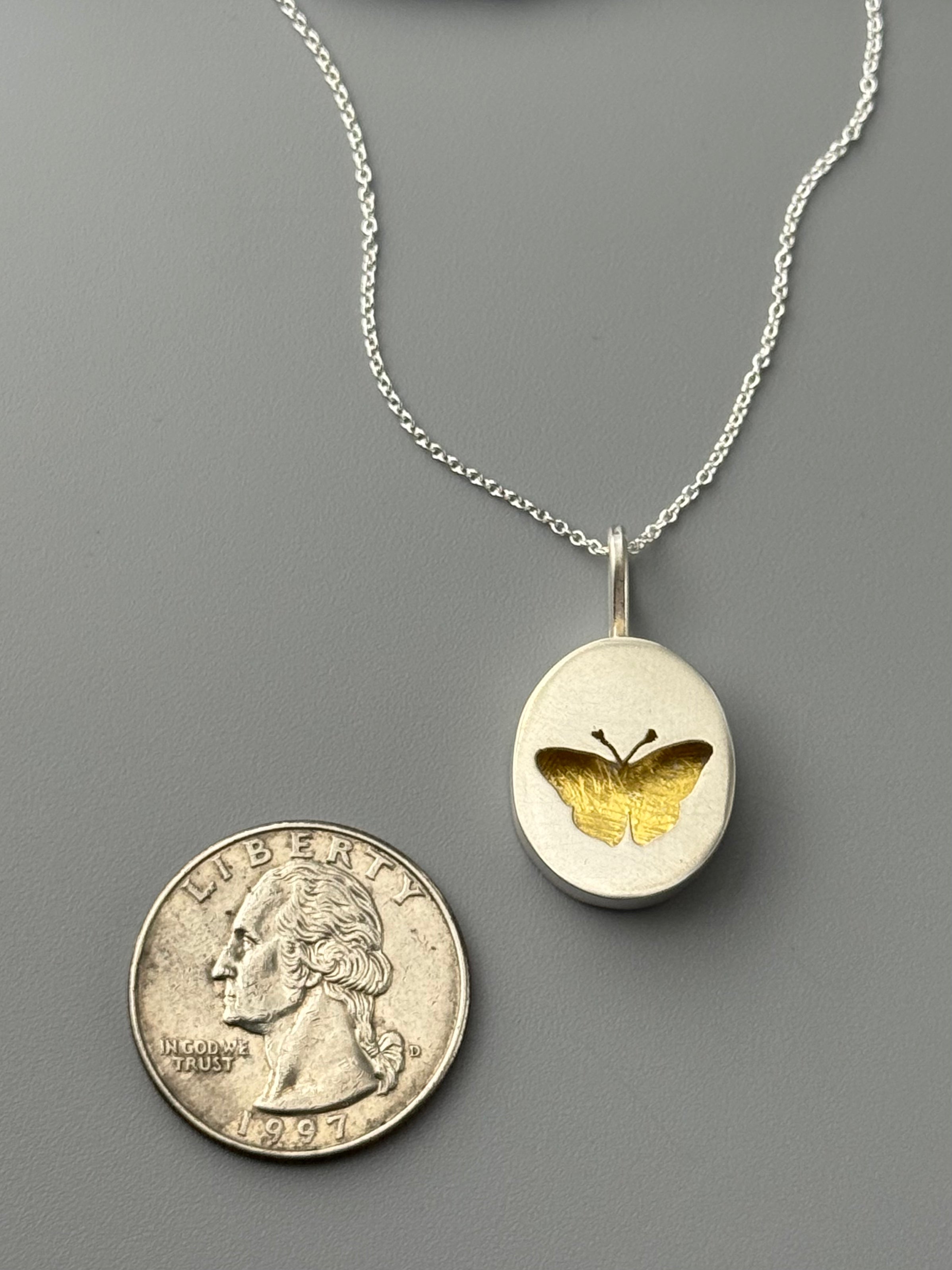 •KEUM-BOO MARIPOSA• silver + gold butterfly shadowbox necklace (18" long)