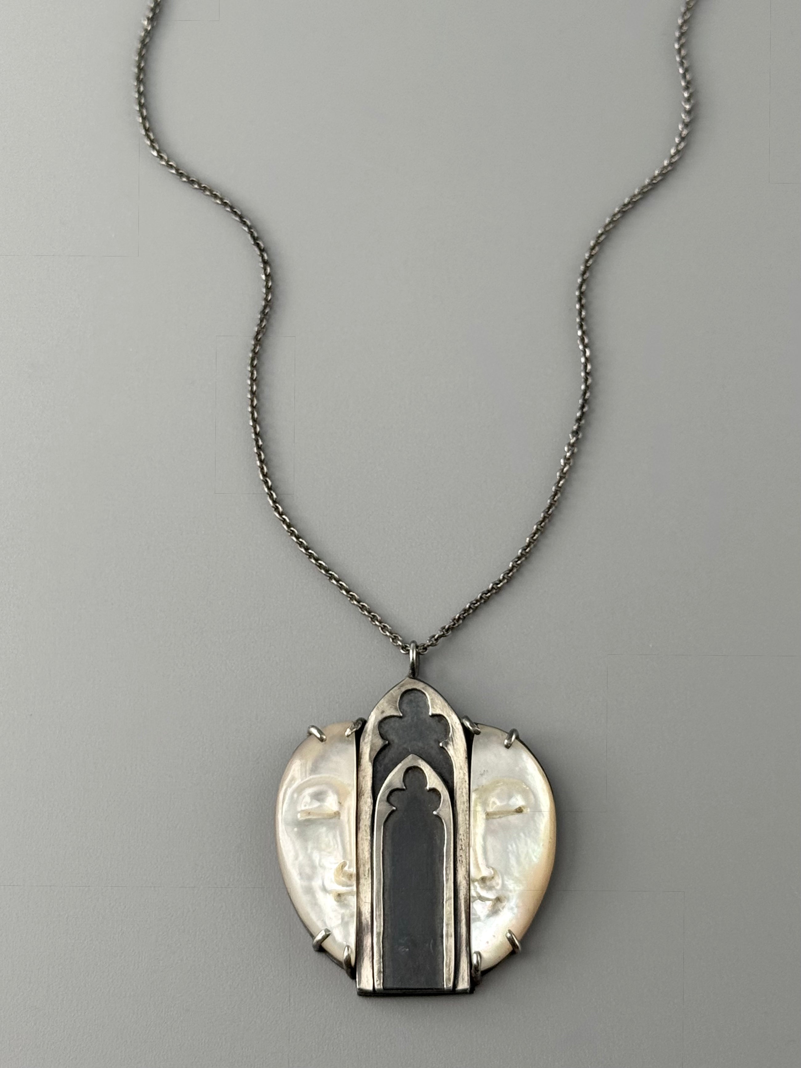•GOTHIC ARCH + CAMEO• mother of pearl + silver necklace (18" long)