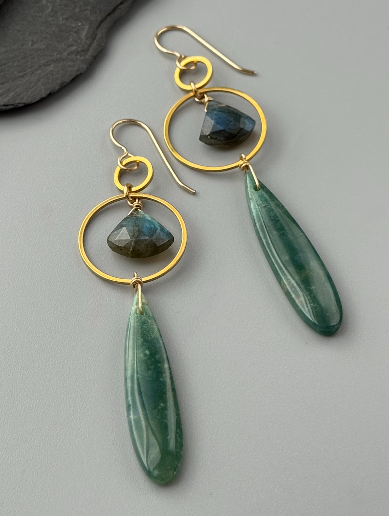 •EQUA-LUNA• labradorite + green mountain jade gold earrings