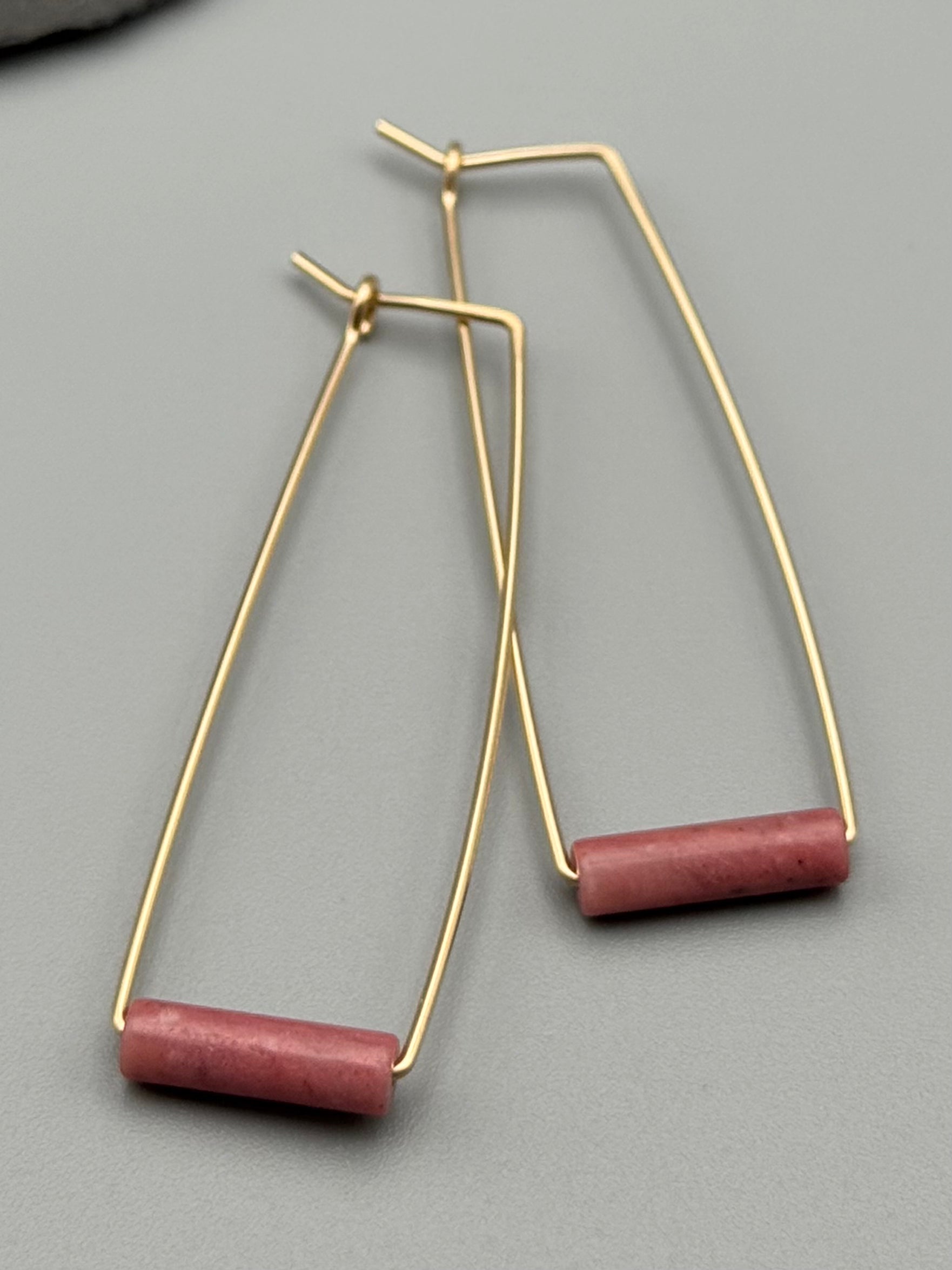 •RECTANGLE TUBE HOOP• rhodonite + gold earrings